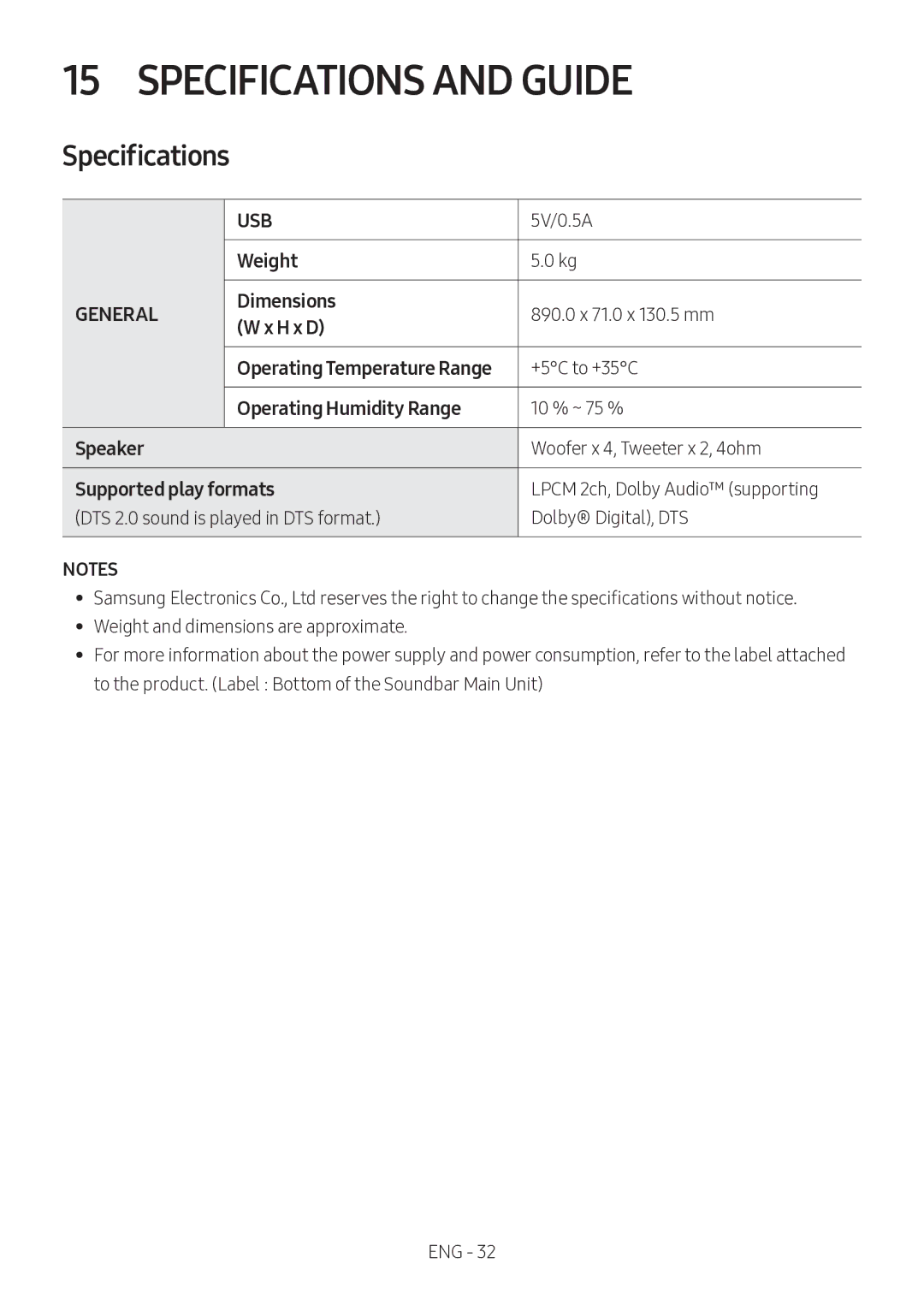 Samsung HW-MS550/XV manual Specifications and Guide, Operating Temperature Range 