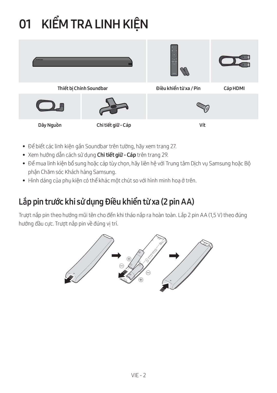 Samsung HW-MS550/XV 01 Kiểm TRA Linh Kiện, Lắp pin trước khi sử dụng Điều khiển từ xa 2 pin AA, Điều khiển từ xa / Pin 