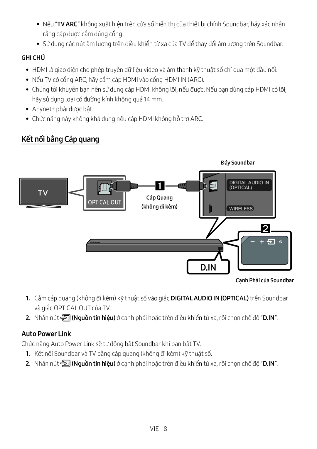 Samsung HW-MS550/XV manual Kết nối bằng Cáp quang, Ghi Chú́ 