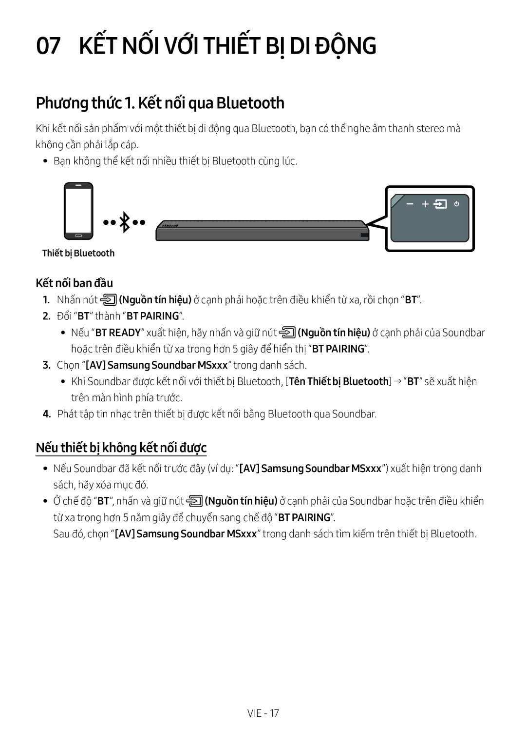 Samsung HW-MS550/XV manual 07 KẾT NỐI VỚI Thiết BỊ DI ĐỘ̣NG, Phương thức 1. Kết nối qua Bluetooth, Thiết bị Bluetooth 