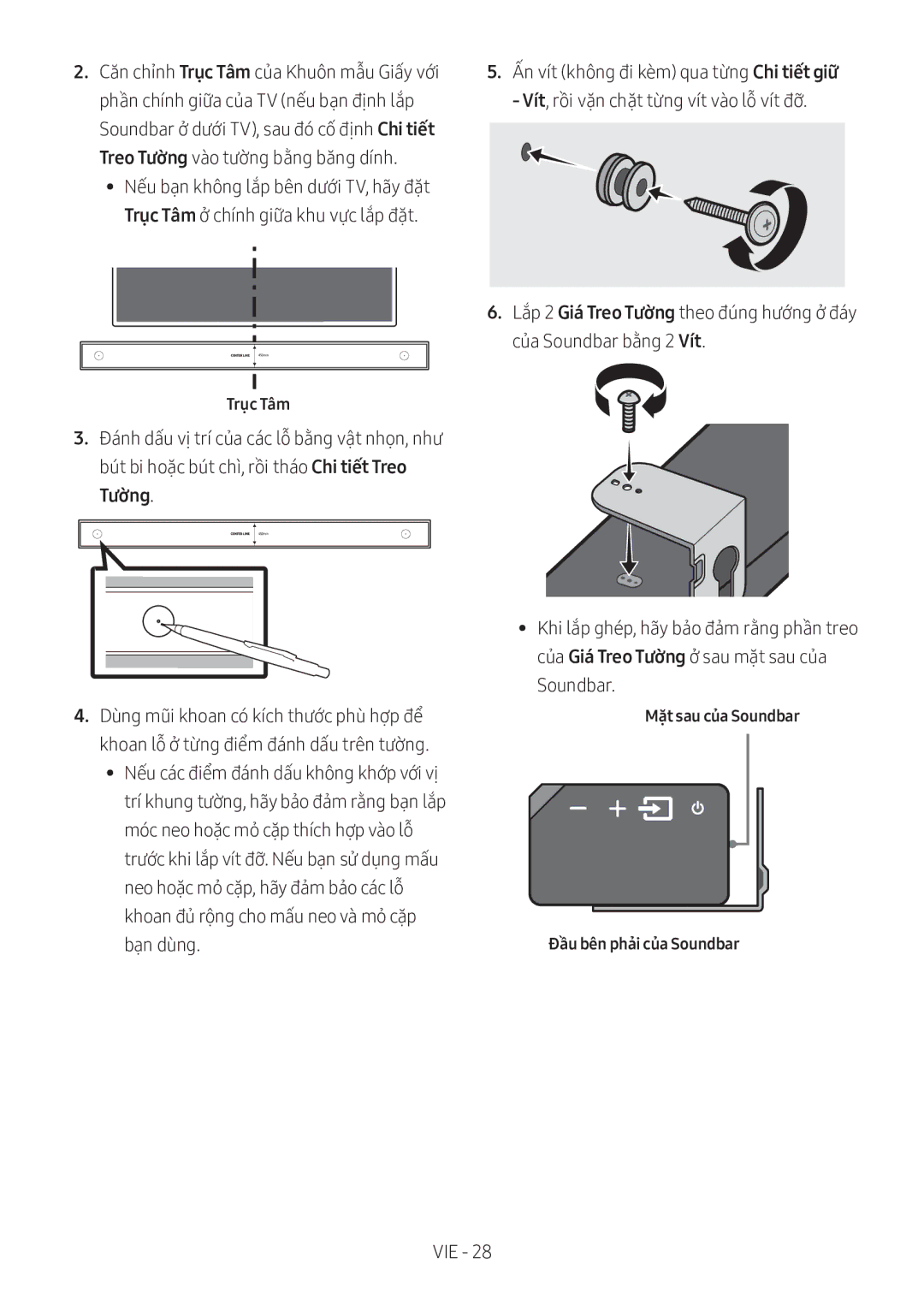 Samsung HW-MS550/XV manual Trục Tâm, Mặt sau của Soundbar Đầu bên phải của Soundbar 