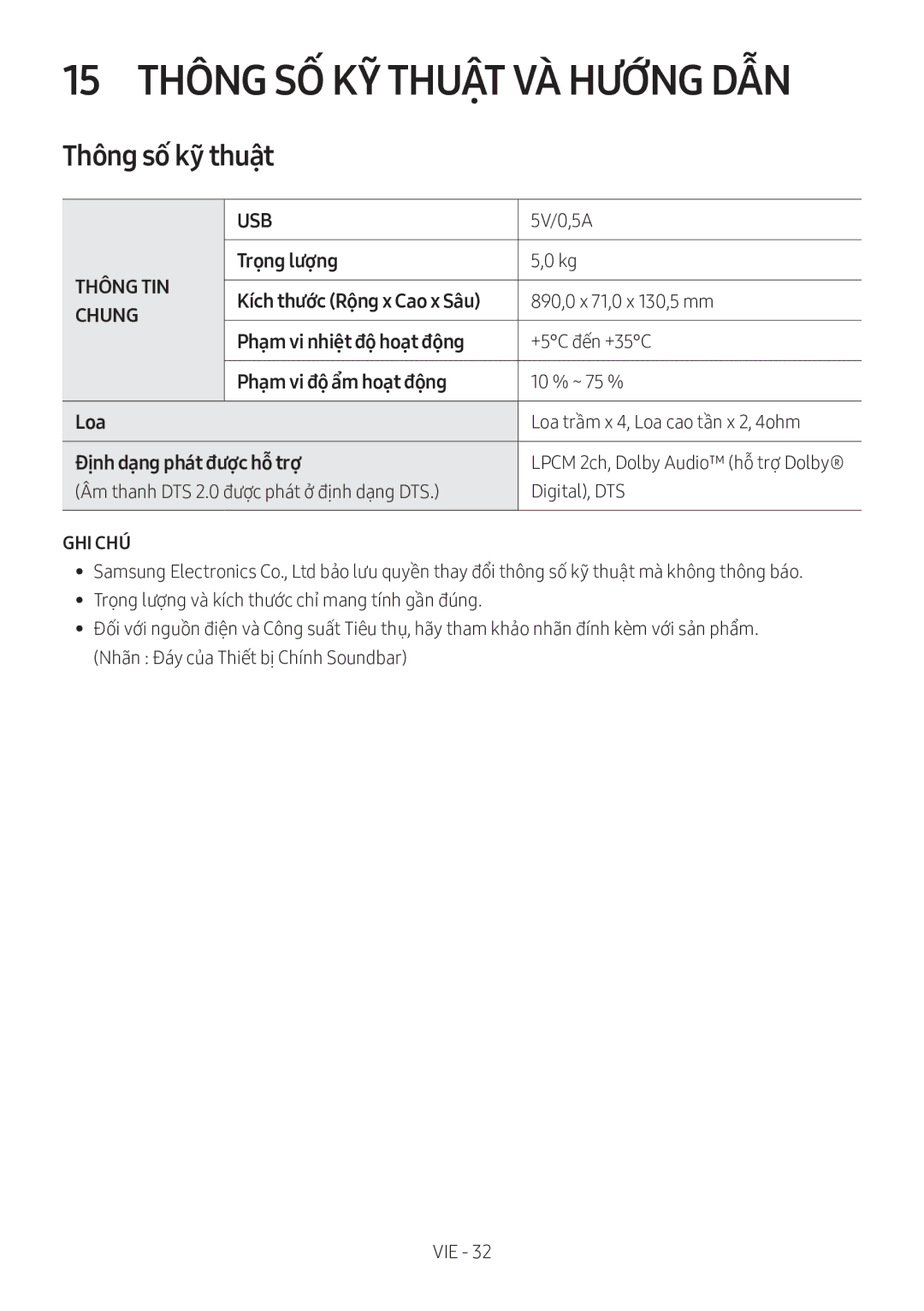 Samsung HW-MS550/XV manual 15 Thông SỐ KỸ Thuật VÀ̀ Hướng DẪN, Thông sô ky thuât, Kich thươc Rông x Cao x Sâu 