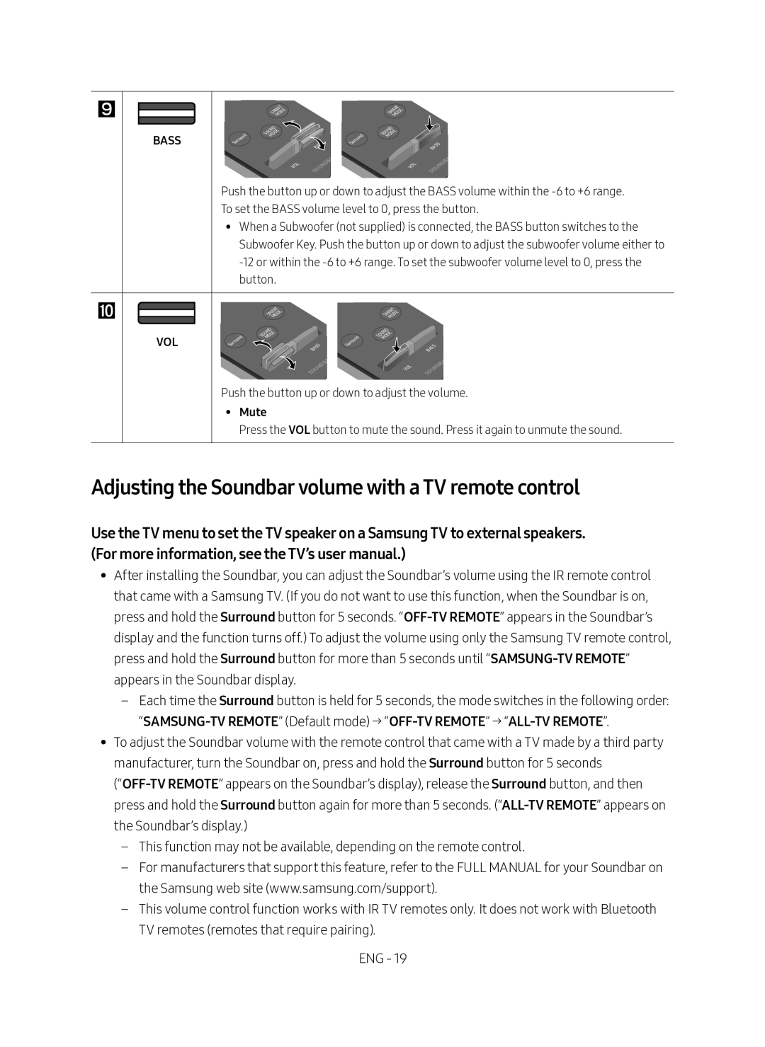 Samsung HW-MS550/XV manual Adjusting the Soundbar volume with a TV remote control, Bass VOL 