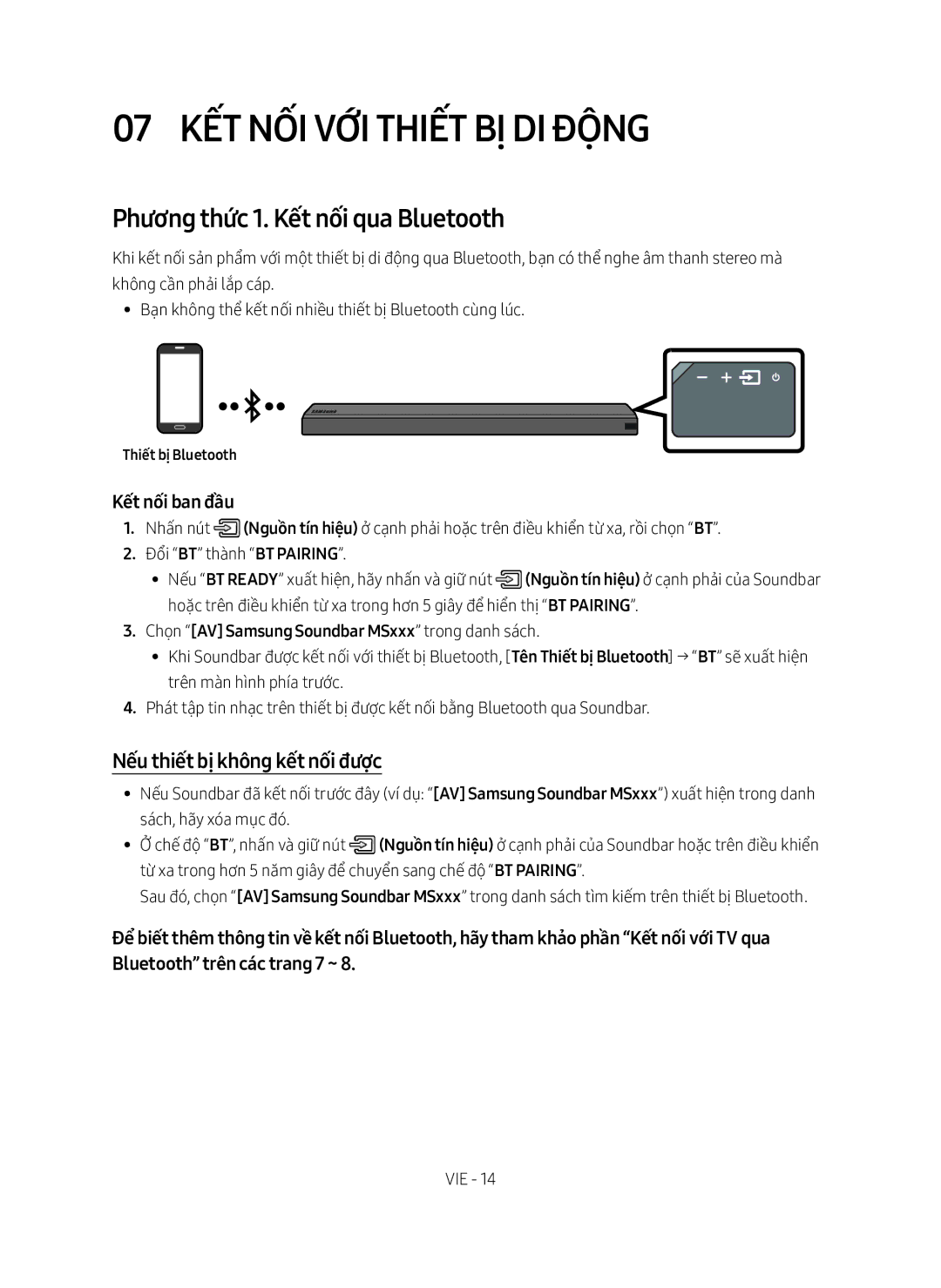 Samsung HW-MS550/XV manual 07 Kết nối với Thiết bị di độ̣ng, Phương thức 1. Kết nối qua Bluetooth 