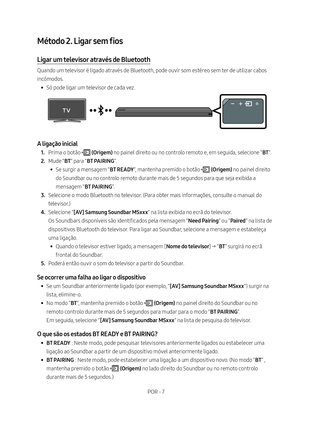 Samsung HW-MS550/ZF manual Método 2. Ligar sem fios, Ligar um televisor através de Bluetooth, Ligação inicial 