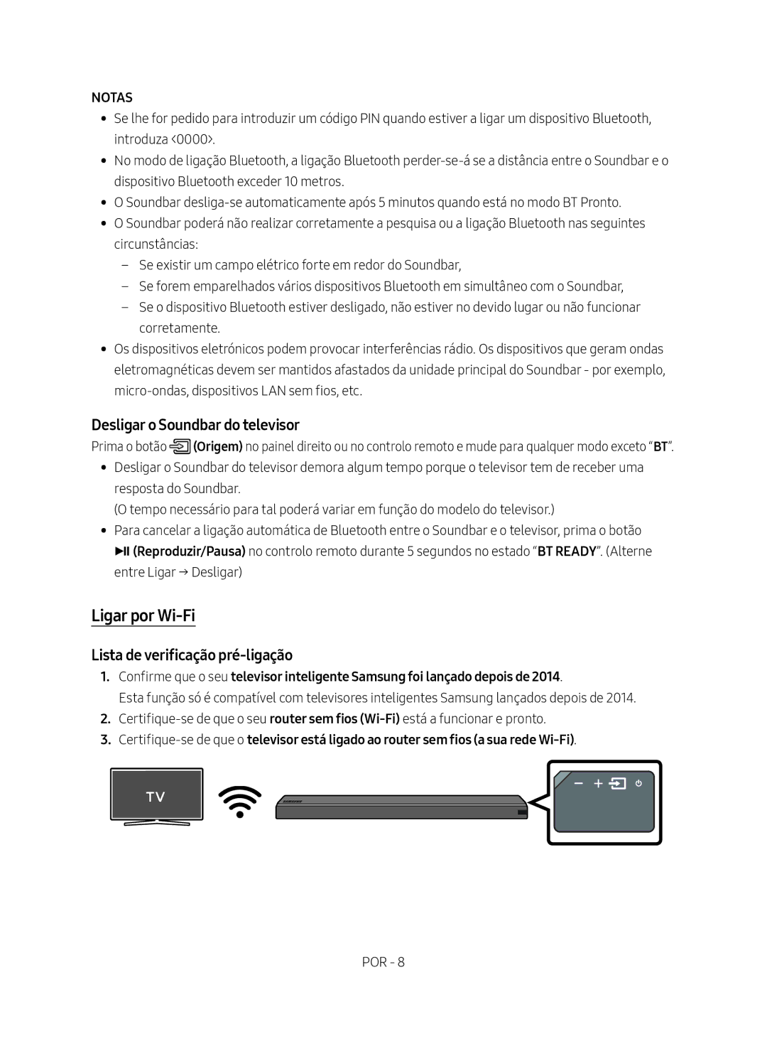 Samsung HW-MS550/ZF manual Ligar por Wi-Fi, Desligar o Soundbar do televisor, Lista de verificação pré-ligação 