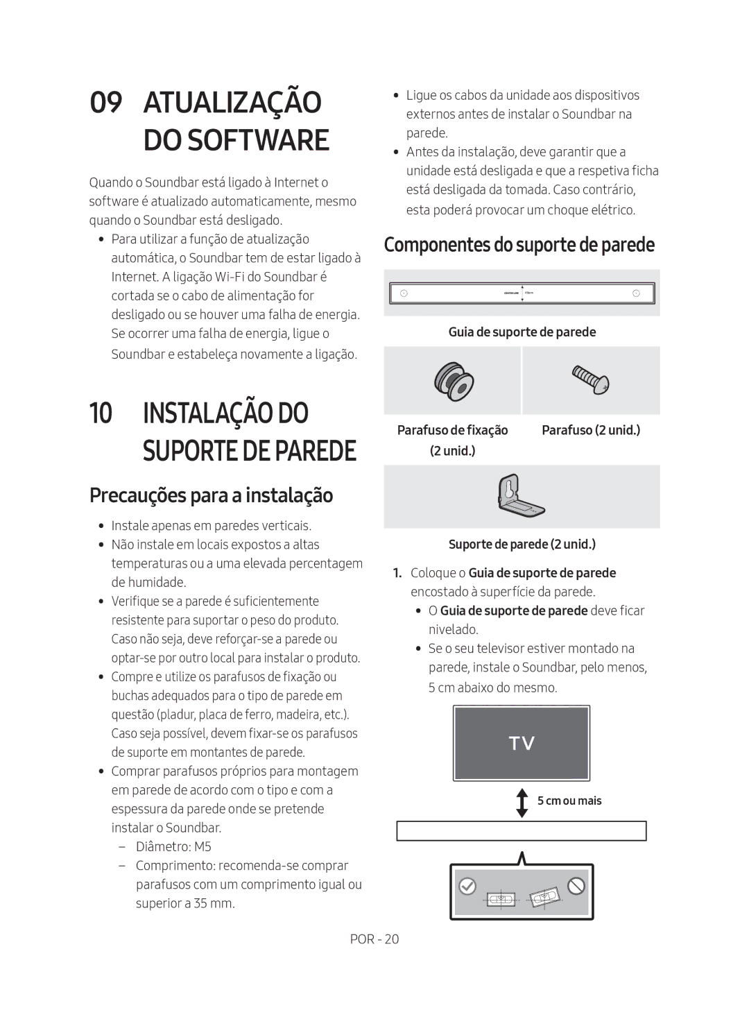 Samsung HW-MS550/ZF manual Precauções para a instalação, Guia de suporte de parede, Suporte de parede 2 unid 