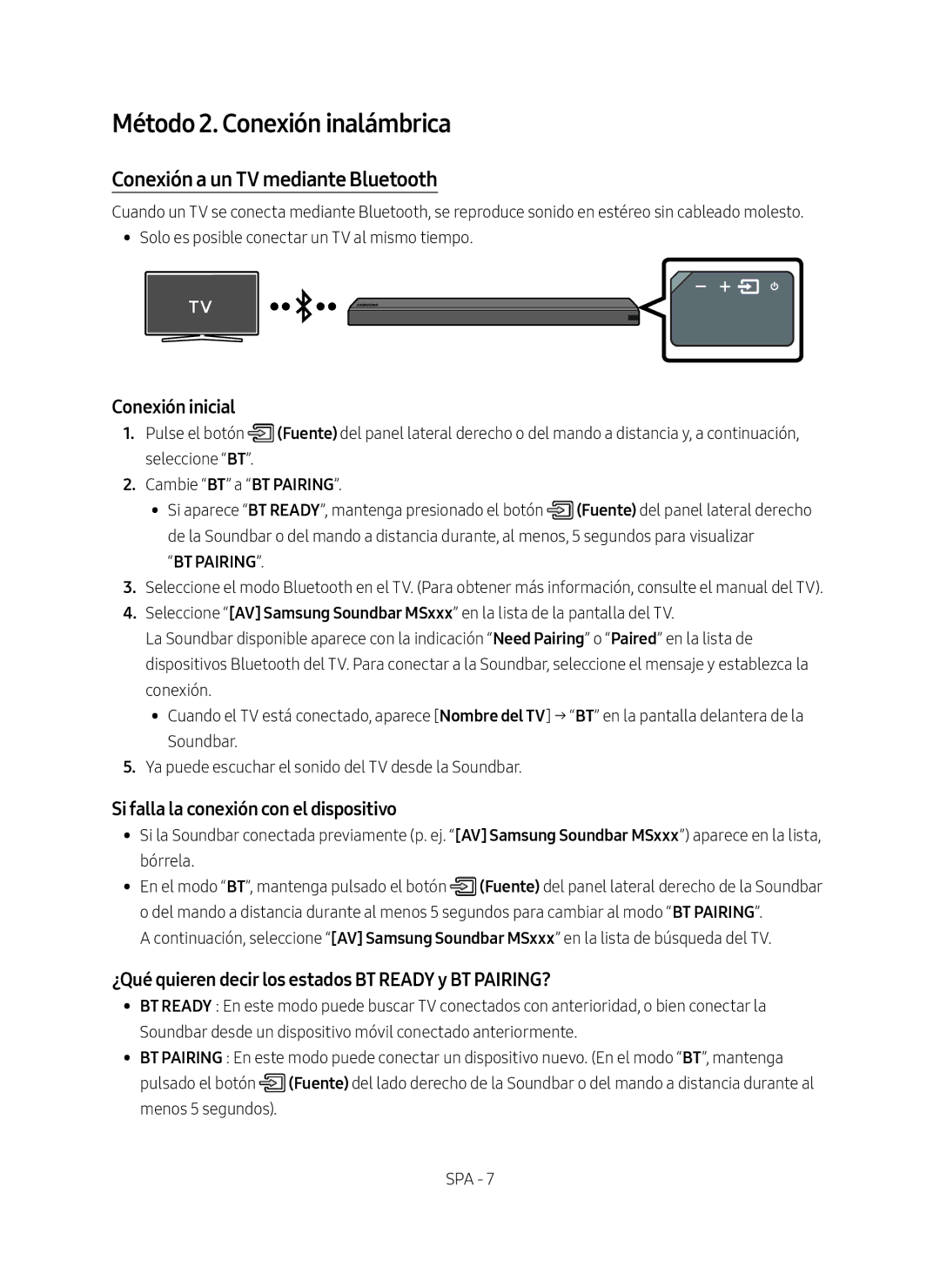 Samsung HW-MS550/ZF manual Método 2. Conexión inalámbrica, Conexión a un TV mediante Bluetooth, Conexión inicial 