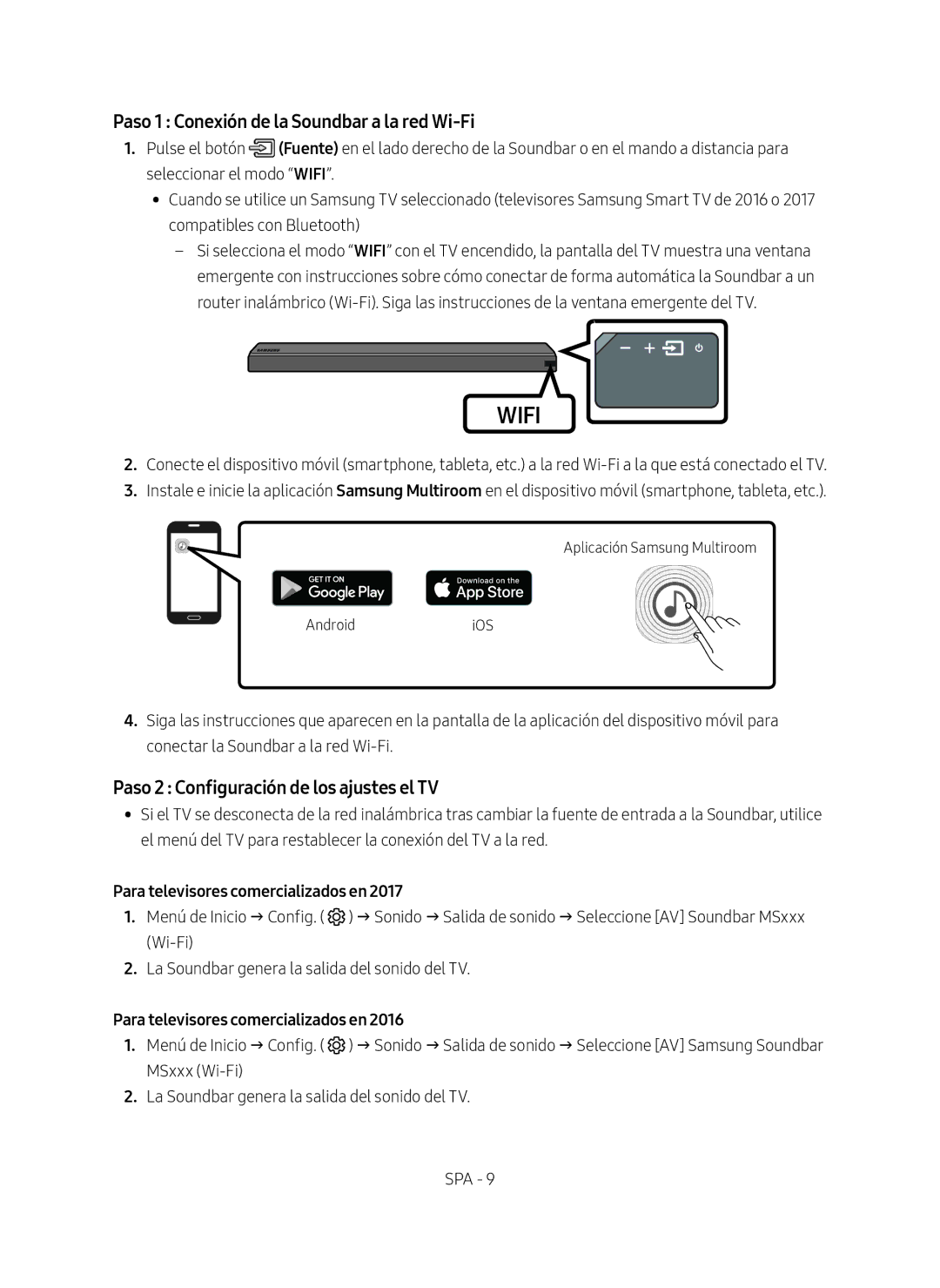 Samsung HW-MS550/ZF manual Paso 1 Conexión de la Soundbar a la red Wi-Fi, Paso 2 Configuración de los ajustes el TV 