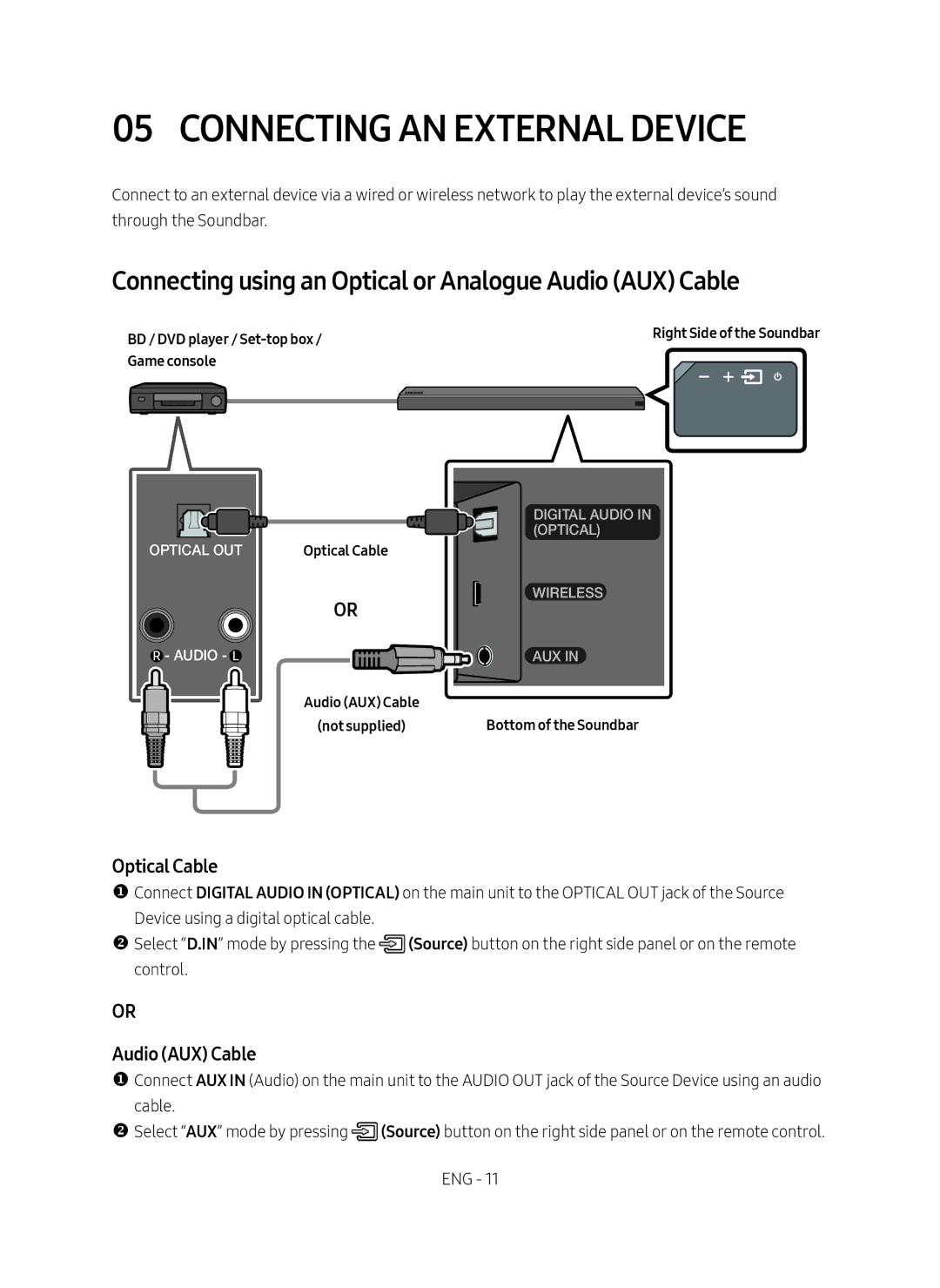 Samsung HW-MS550/ZF Connecting AN External Device, Connecting using an Optical or Analogue Audio AUX Cable, Optical Cable 