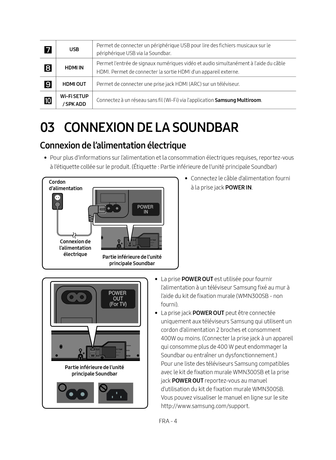 Samsung HW-MS550/ZF manual Connexion DE LA Soundbar, Connexion de l’alimentation électrique, La prise jack Power 