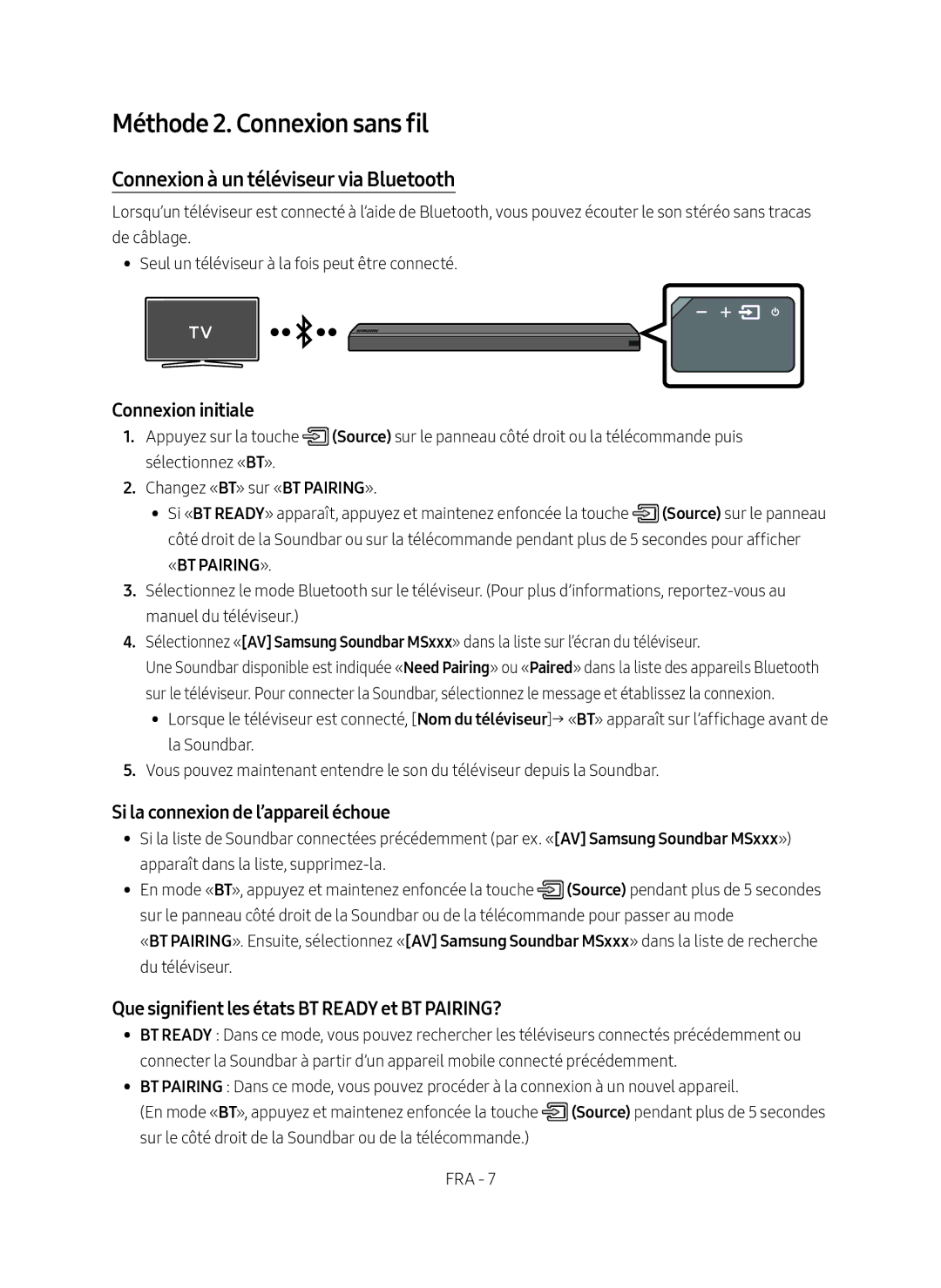 Samsung HW-MS550/ZF manual Méthode 2. Connexion sans fil, Connexion à un téléviseur via Bluetooth, Connexion initiale 