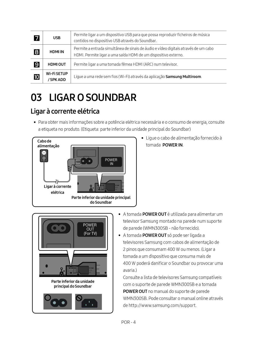 Samsung HW-MS550/ZF manual Ligar O Soundbar, Ligar à corrente elétrica, Parte inferior da unidade Principal do Soundbar 