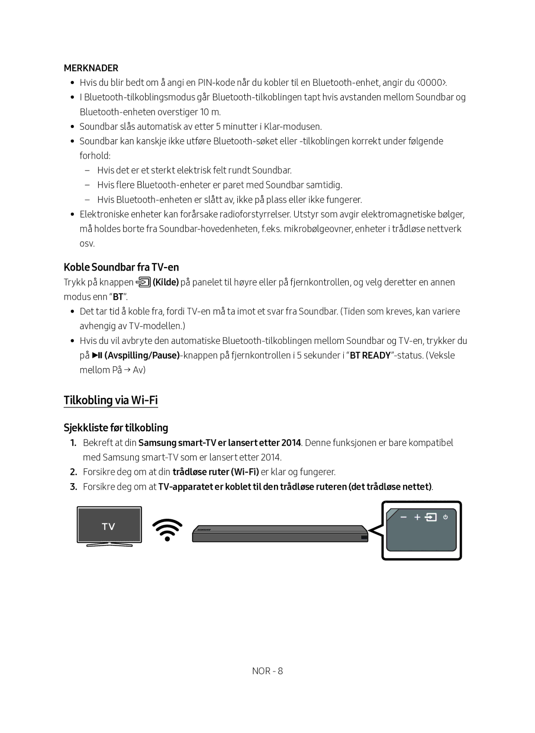 Samsung HW-MS560/XE manual Tilkobling via Wi-Fi, Koble Soundbar fra TV-en, Sjekkliste før tilkobling 