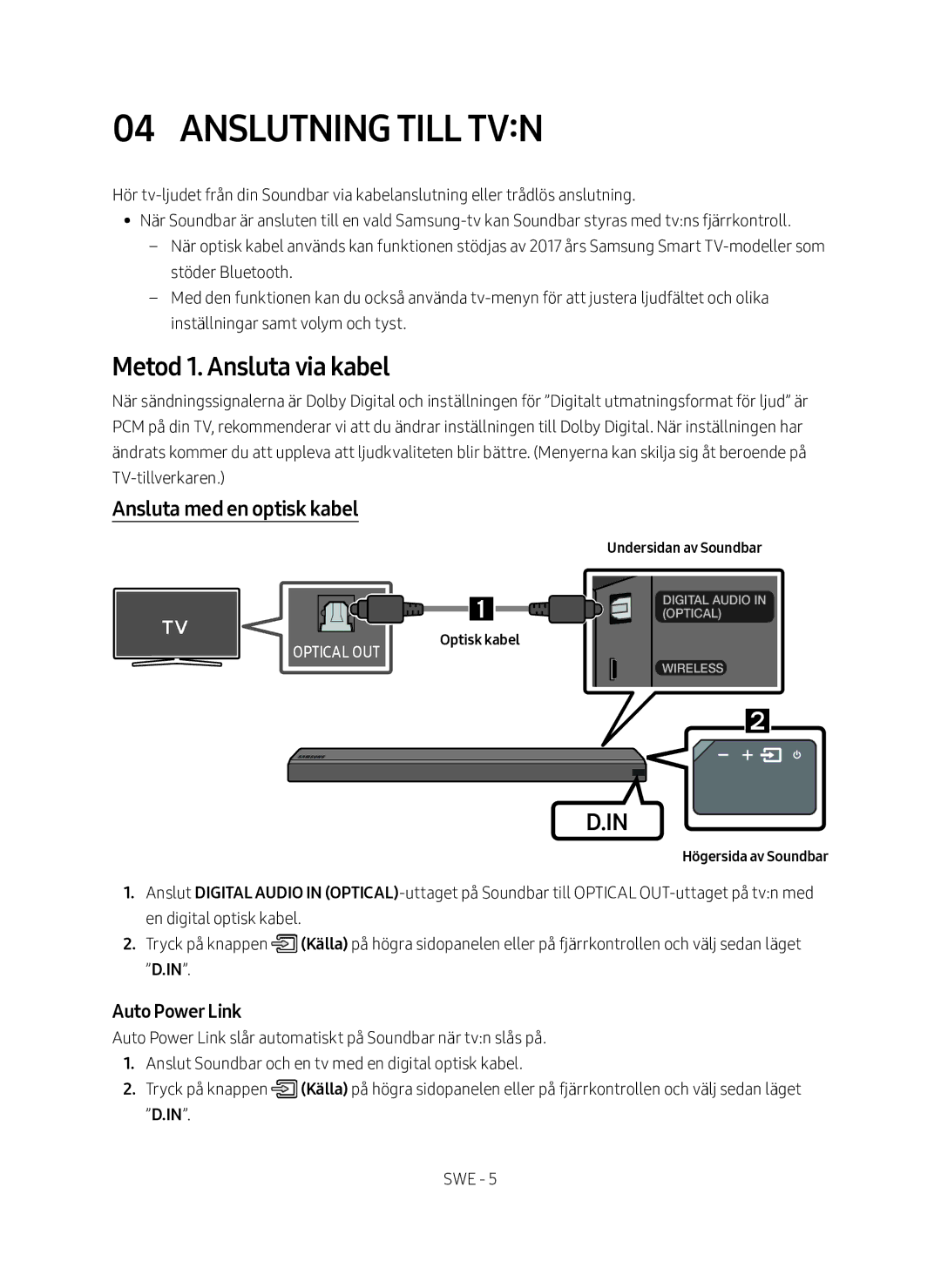 Samsung HW-MS560/XE Anslutning till tvn, Metod 1. Ansluta via kabel, Ansluta med en optisk kabel, Högersida av Soundbar 