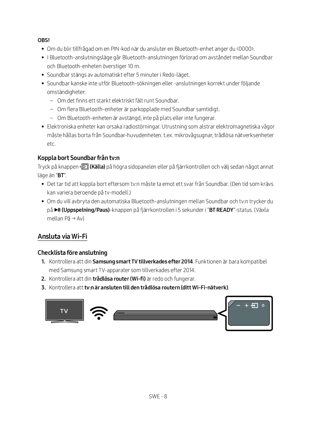 Samsung HW-MS560/XE manual Ansluta via Wi-Fi, Koppla bort Soundbar från tvn, Checklista före anslutning, Obs 