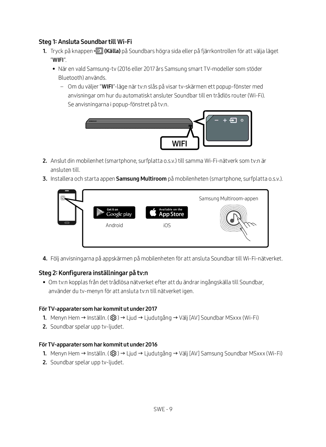 Samsung HW-MS560/XE manual Steg 1 Ansluta Soundbar till Wi-Fi, Steg 2 Konfigurera inställningar på tvn 