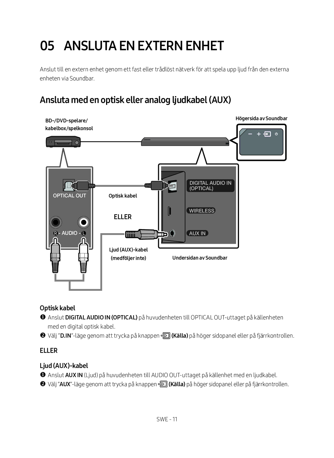 Samsung HW-MS560/XE manual Ansluta en extern enhet, Ansluta med en optisk eller analog ljudkabel AUX, Ljud AUX-kabel 