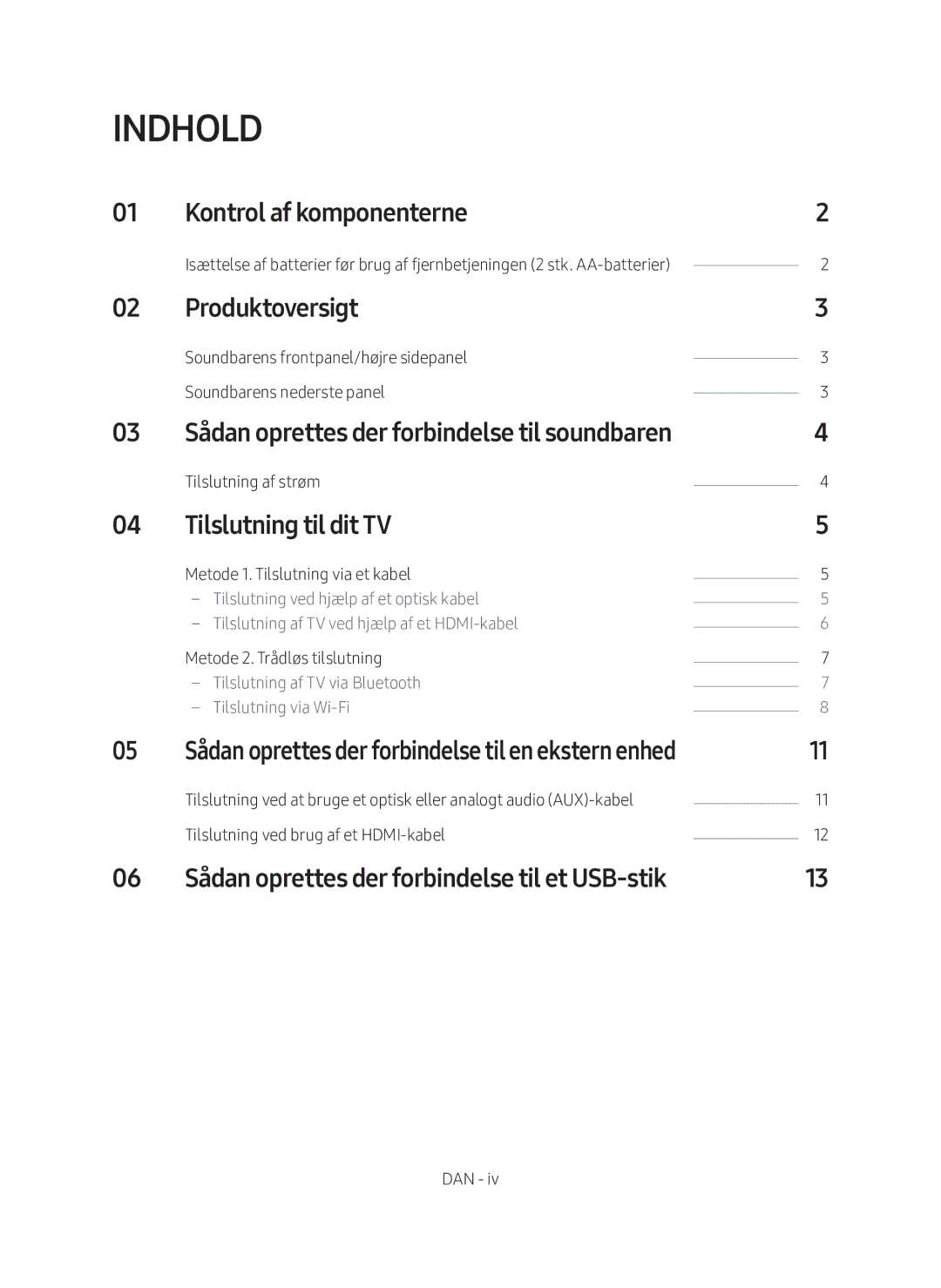 Samsung HW-MS560/XE manual Indhold, Kontrol af komponenterne, Produktoversigt, Tilslutning til dit TV 