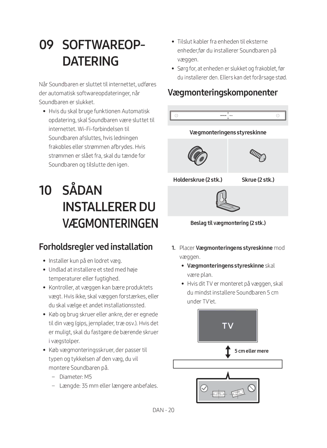 Samsung HW-MS560/XE manual Softwareop- datering, Forholdsregler ved installation, Vægmonteringskomponenter, Cm eller mere 