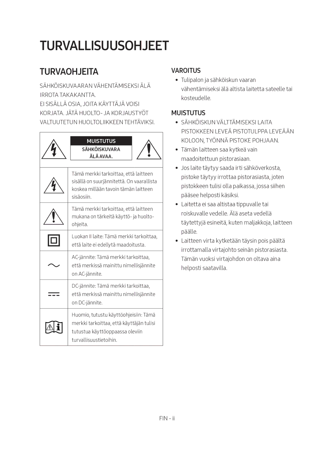 Samsung HW-MS560/XE manual Turvallisuusohjeet, Turvaohjeita 