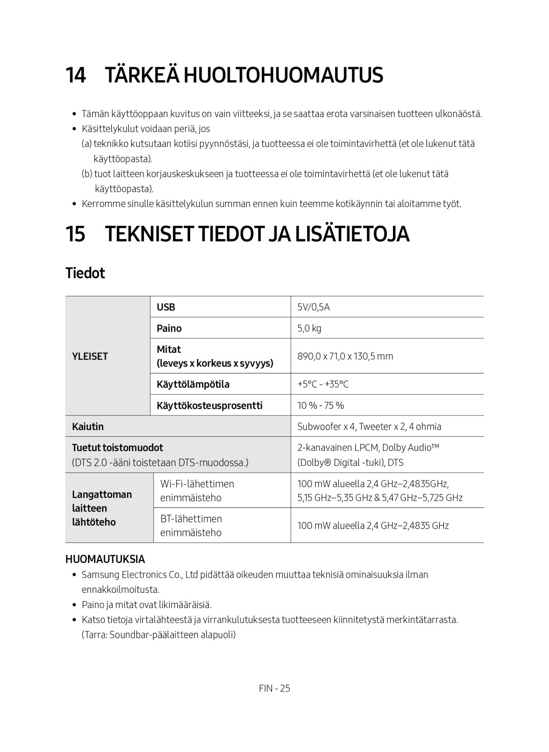 Samsung HW-MS560/XE manual 14 Tärkeä huoltohuomautus, Tekniset tiedot ja lisätietoja, Tiedot 