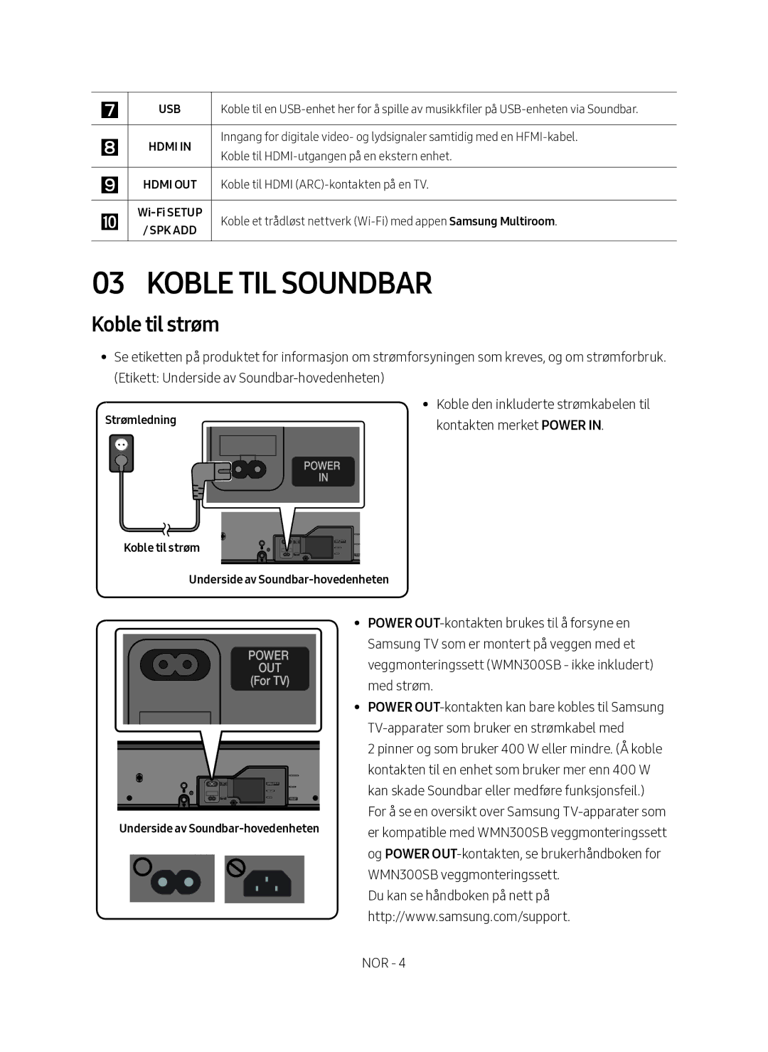 Samsung HW-MS560/XE manual Koble til Soundbar, Koble til strøm, Kontakten merket Power, Strømledning 