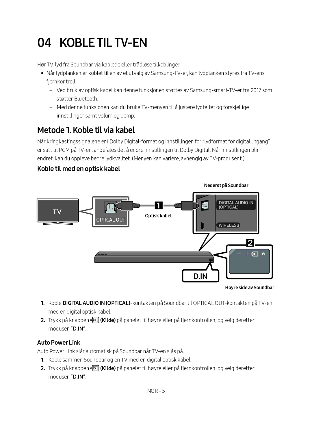 Samsung HW-MS560/XE Koble til TV-en, Metode 1. Koble til via kabel, Koble til med en optisk kabel, Høyre side av Soundbar 