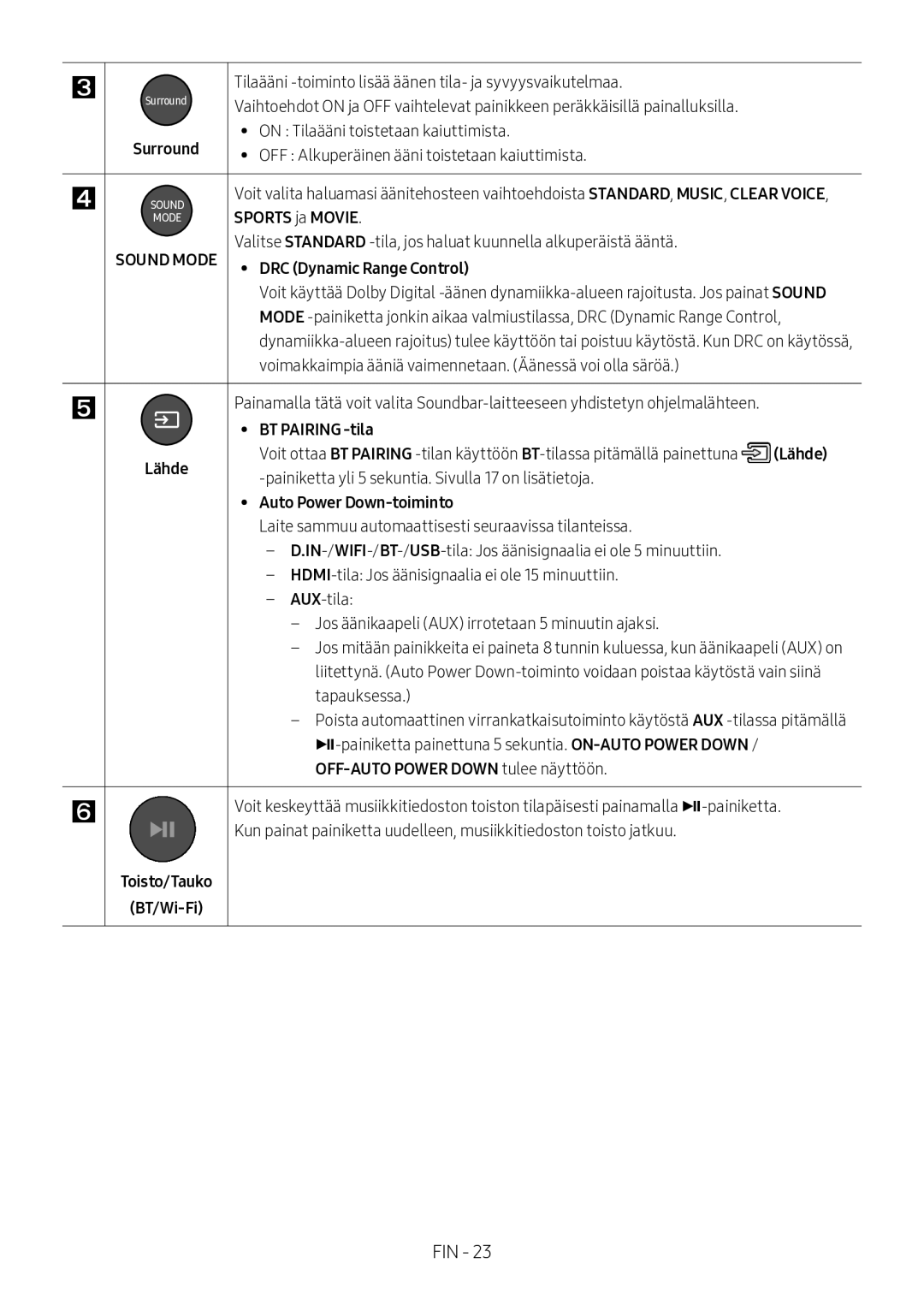 Samsung HW-MS560/XE Sports ja Movie, BT Pairing -tila Lähde, Auto Power Down-toiminto, OFF-AUTO Power Down tulee näyttöön 