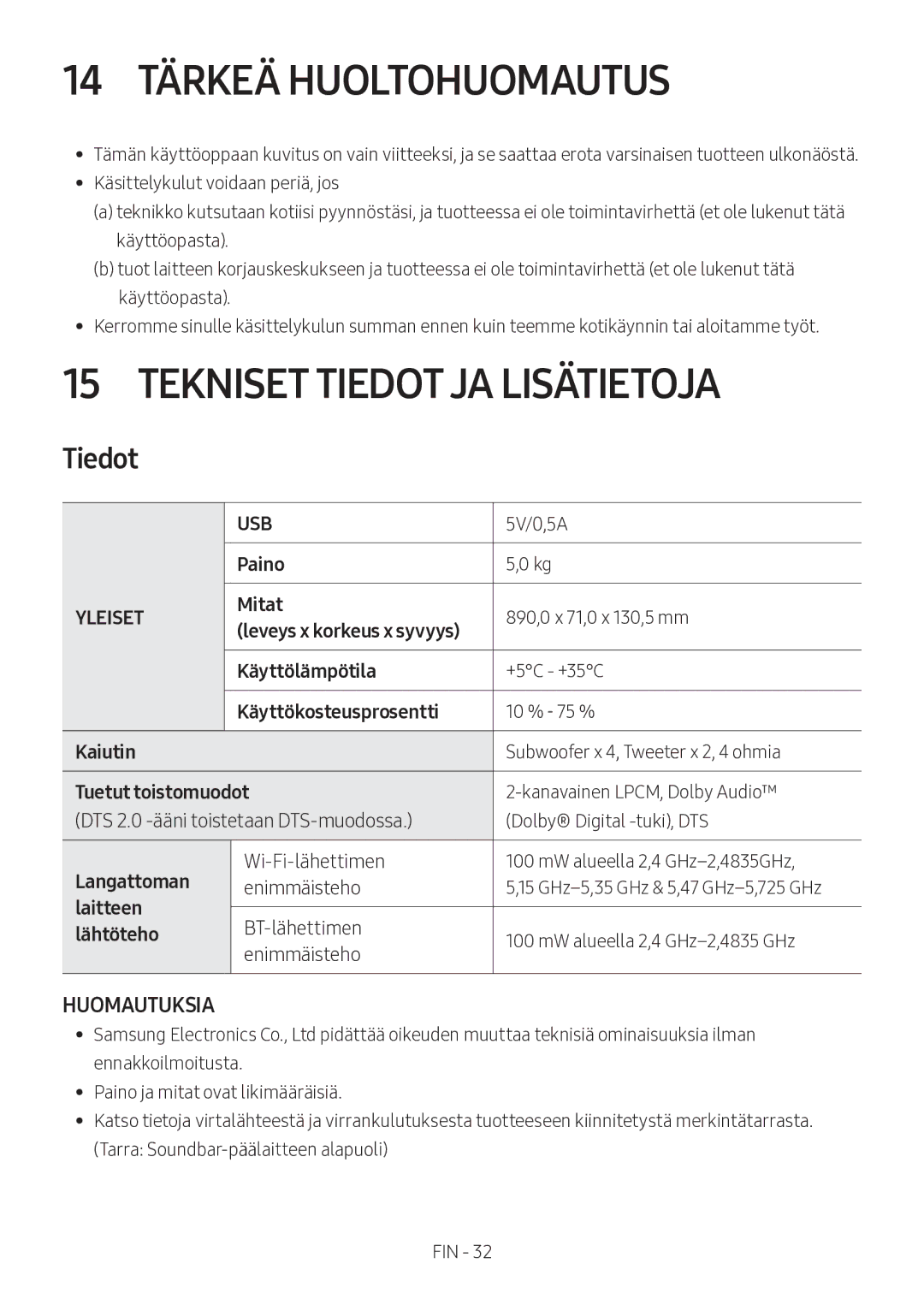 Samsung HW-MS560/XE manual 14 Tärkeä Huoltohuomautus, Tekniset Tiedot JA Lisätietoja 