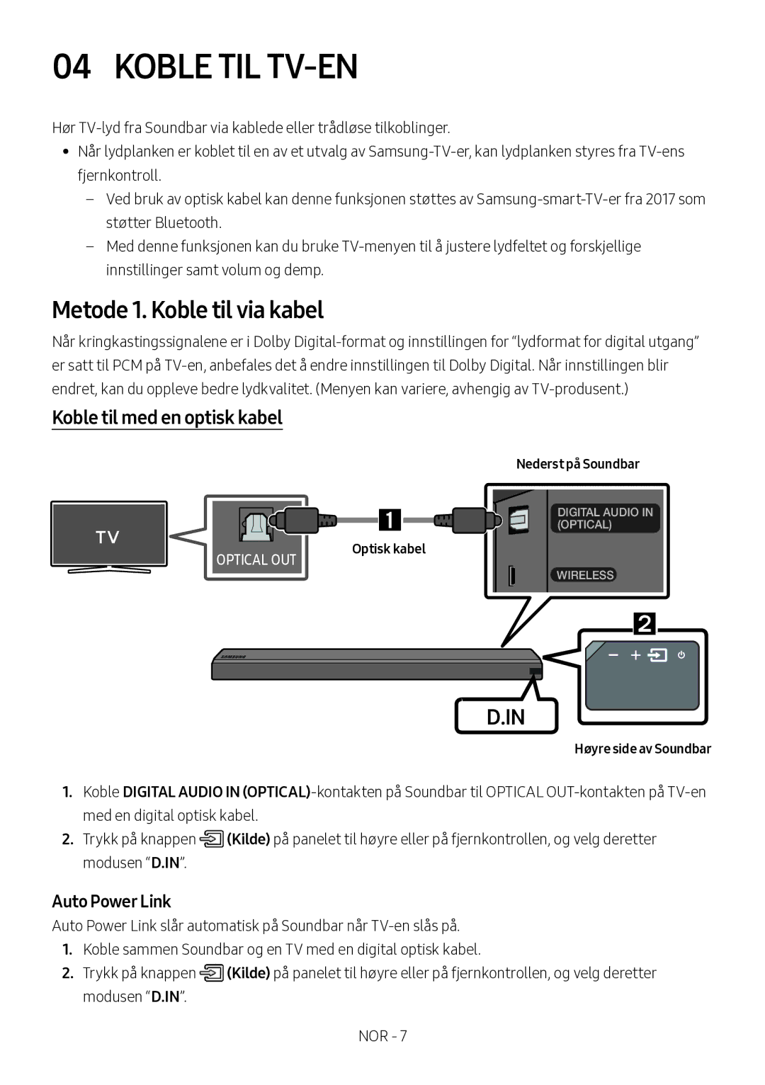 Samsung HW-MS560/XE Koble TIL TV-EN, Metode 1. Koble til via kabel, Koble til med en optisk kabel, Høyre side av Soundbar 