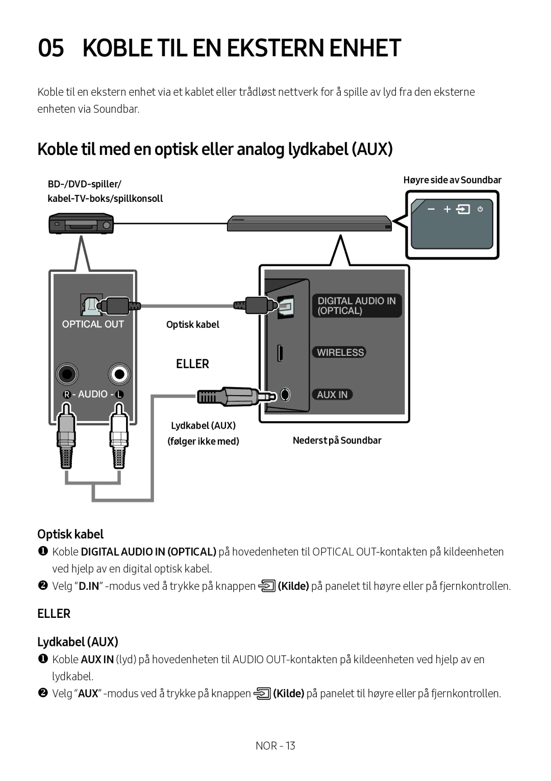 Samsung HW-MS560/XE manual Koble TIL EN Ekstern Enhet, Koble til med en optisk eller analog lydkabel AUX, Lydkabel AUX 