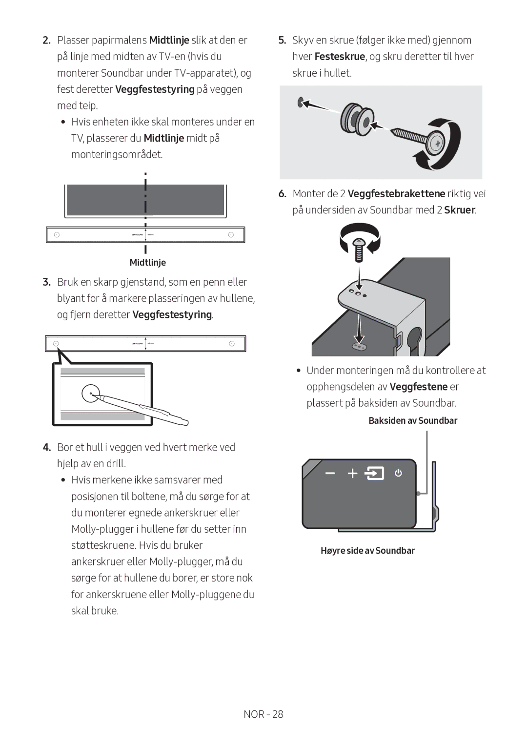 Samsung HW-MS560/XE manual Midtlinje, Baksiden av Soundbar Høyre side av Soundbar 