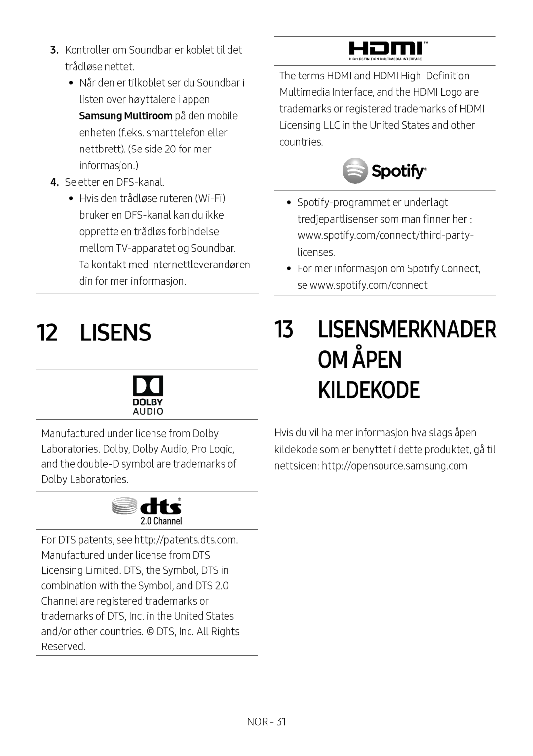 Samsung HW-MS560/XE manual Lisens, OM Åpen, Kildekode 