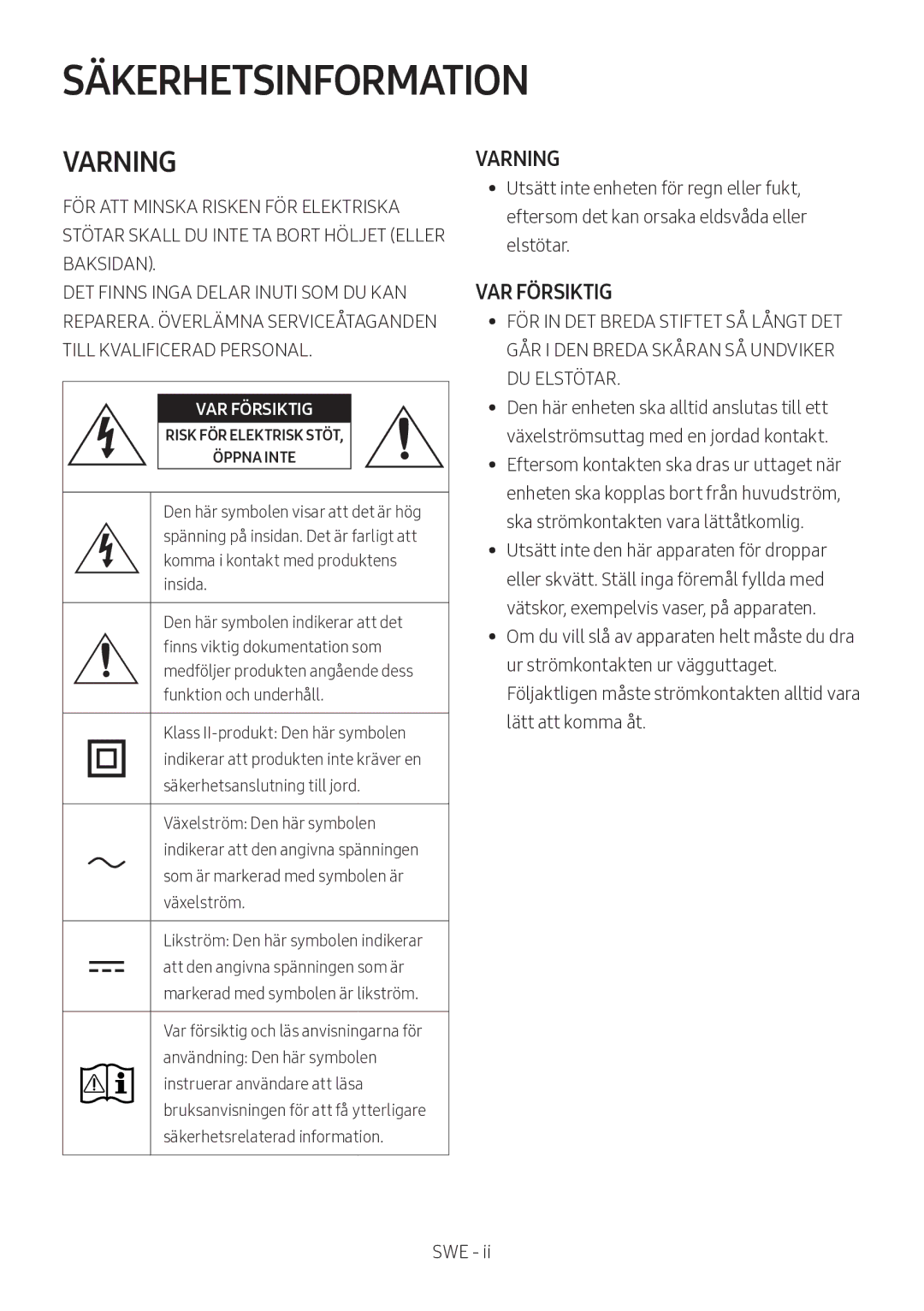 Samsung HW-MS560/XE manual Säkerhetsinformation, Varning 