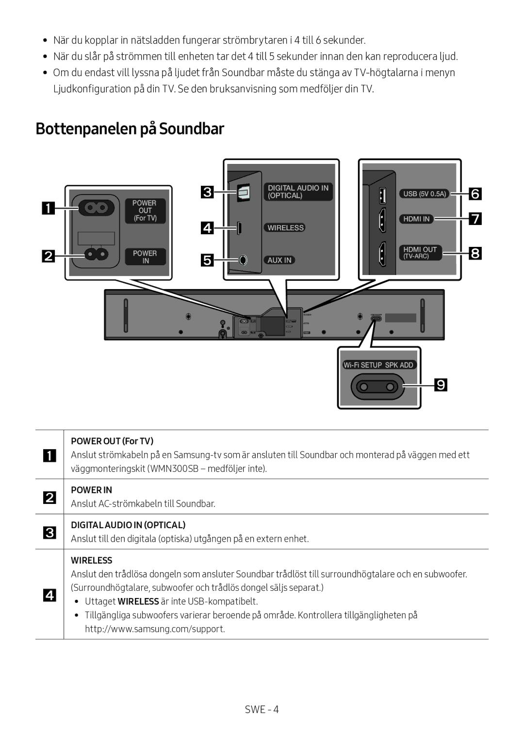 Samsung HW-MS560/XE manual Bottenpanelen på Soundbar,  Anslut AC-strömkabeln till Soundbar 