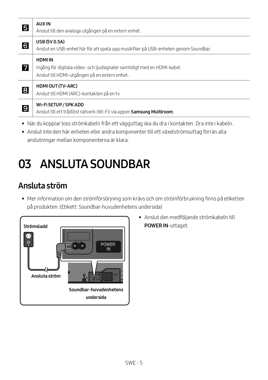 Samsung HW-MS560/XE manual Ansluta Soundbar, Strömsladd, Ansluta ström Soundbar-huvudenhetens Undersida 