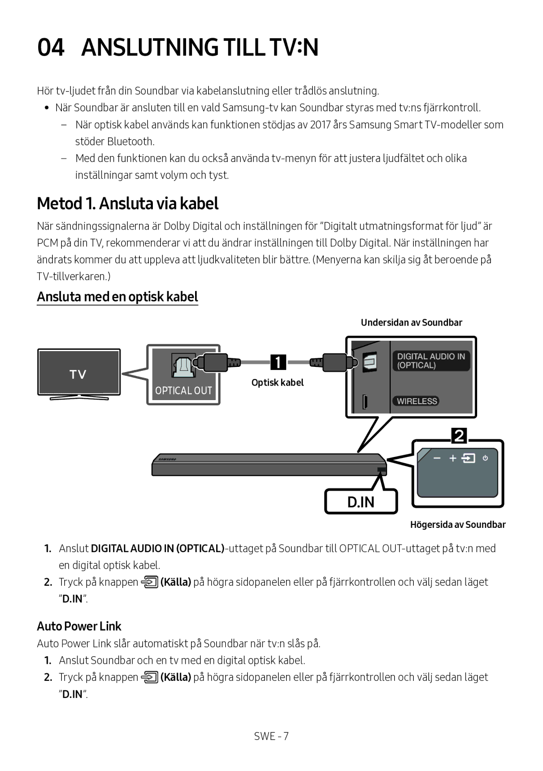 Samsung HW-MS560/XE Anslutning Till TVN, Metod 1. Ansluta via kabel, Ansluta med en optisk kabel, Högersida av Soundbar 