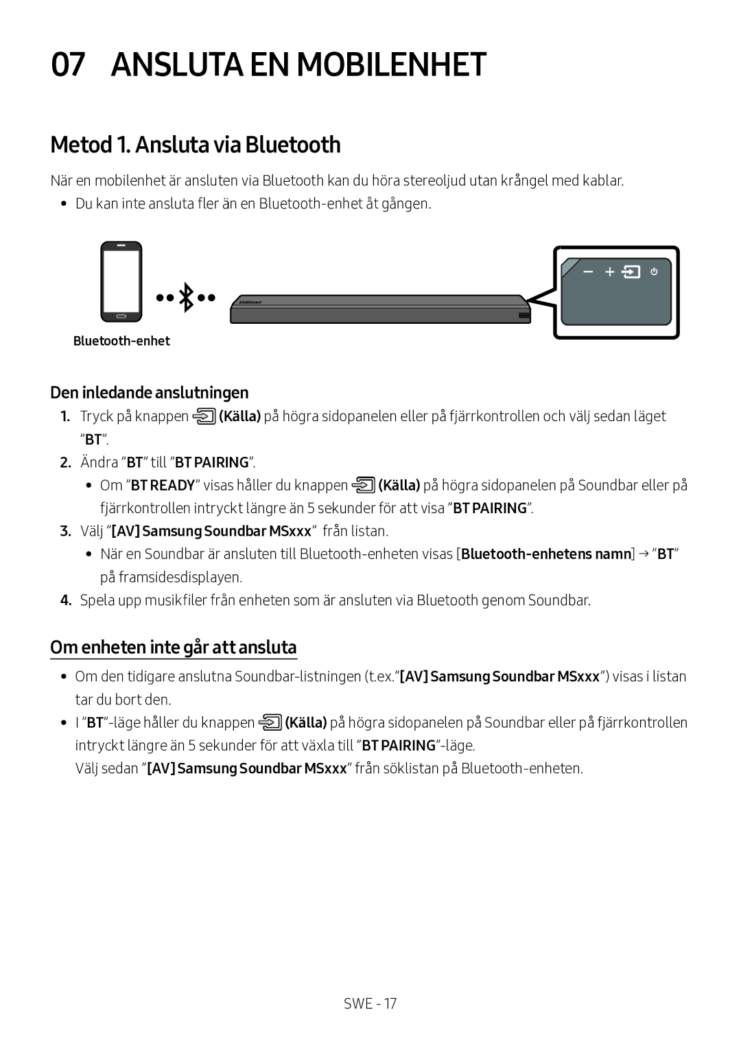 Samsung HW-MS560/XE manual Ansluta EN Mobilenhet, Metod 1. Ansluta via Bluetooth, Om enheten inte går att ansluta 