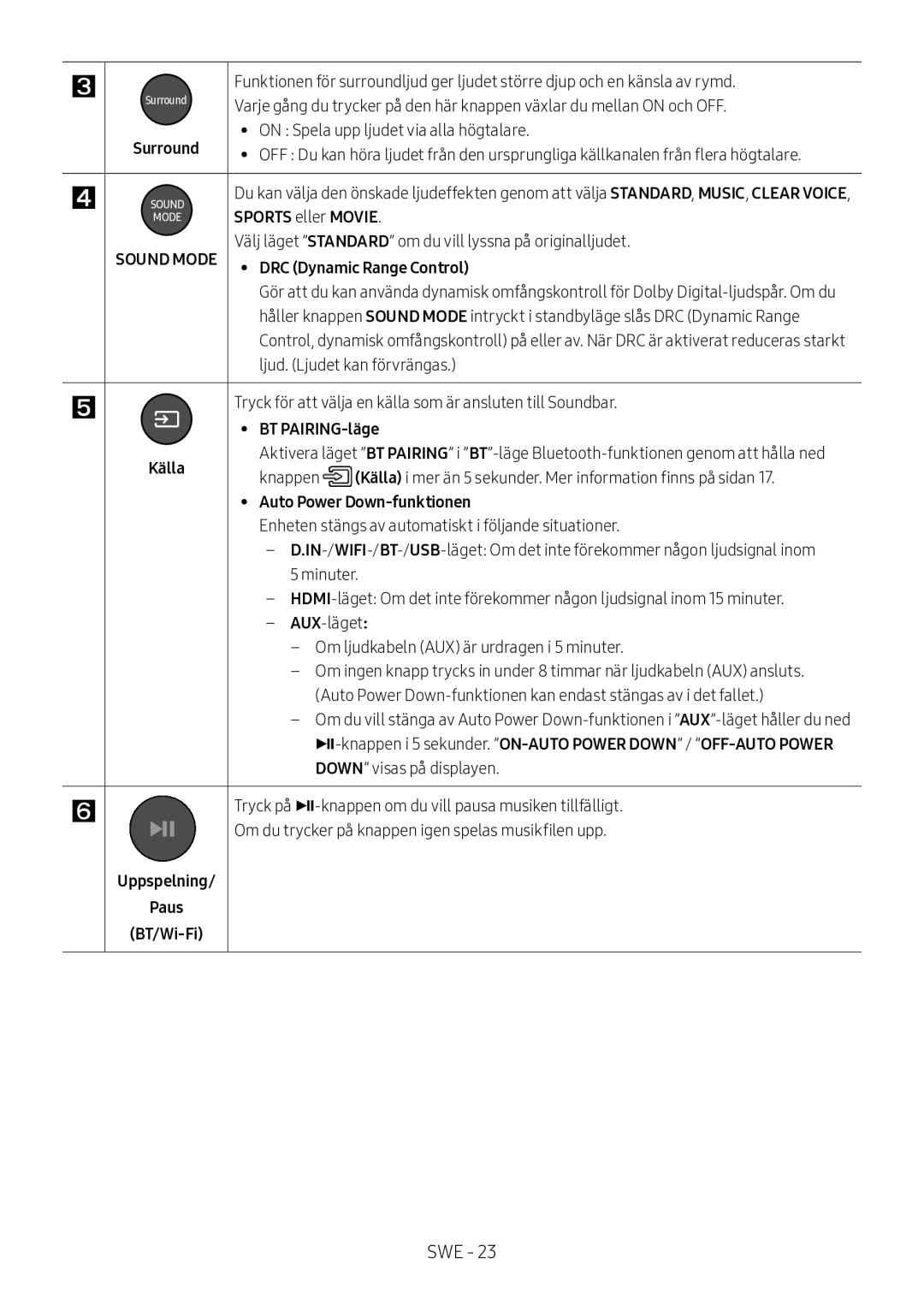 Samsung HW-MS560/XE manual BT PAIRING-läge, Auto Power Down-funktionen, Uppspelning Paus BT/Wi-Fi 