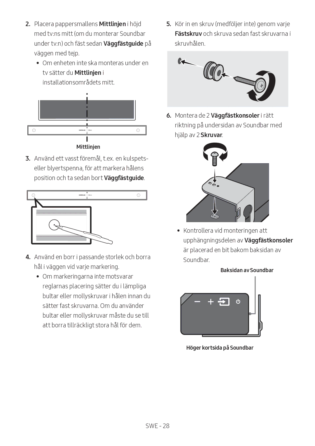 Samsung HW-MS560/XE manual Mittlinjen, Baksidan av Soundbar Höger kortsida på Soundbar 