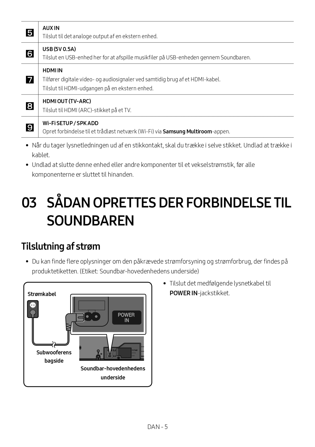 Samsung HW-MS560/XE manual 03 Sådan Oprettes DER Forbindelse TIL Soundbaren, Tilslutning af strøm, Strømkabel 