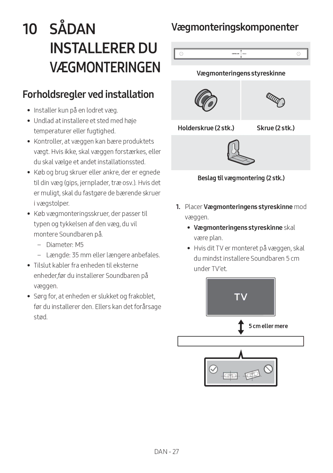 Samsung HW-MS560/XE manual Forholdsregler ved installation, Vægmonteringskomponenter, Cm eller mere 