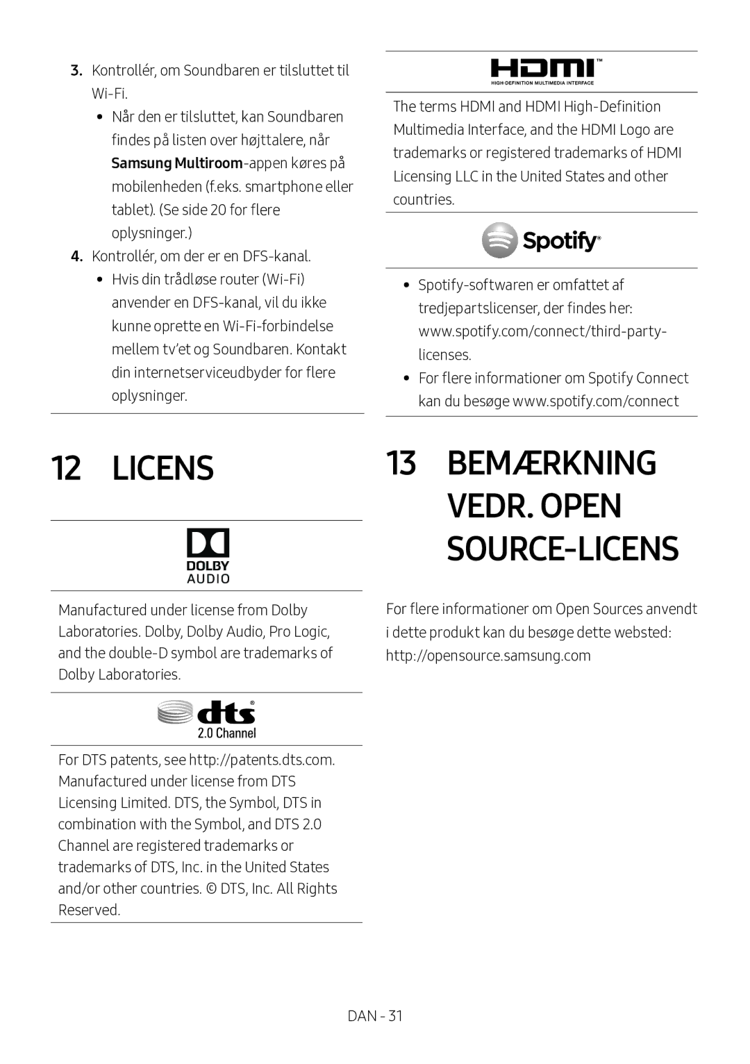 Samsung HW-MS560/XE manual Licens 13 Bemærkning VEDR. Open, Source-Licens 