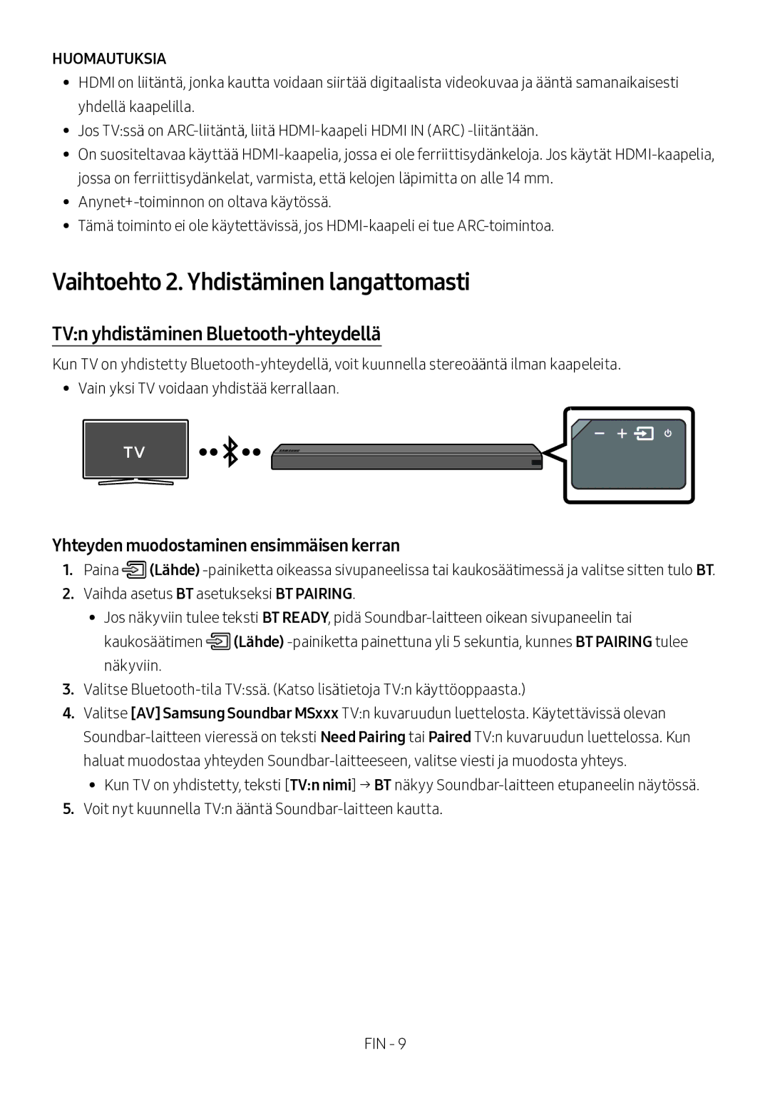 Samsung HW-MS560/XE manual Vaihtoehto 2. Yhdistäminen langattomasti, TVn yhdistäminen Bluetooth-yhteydellä 