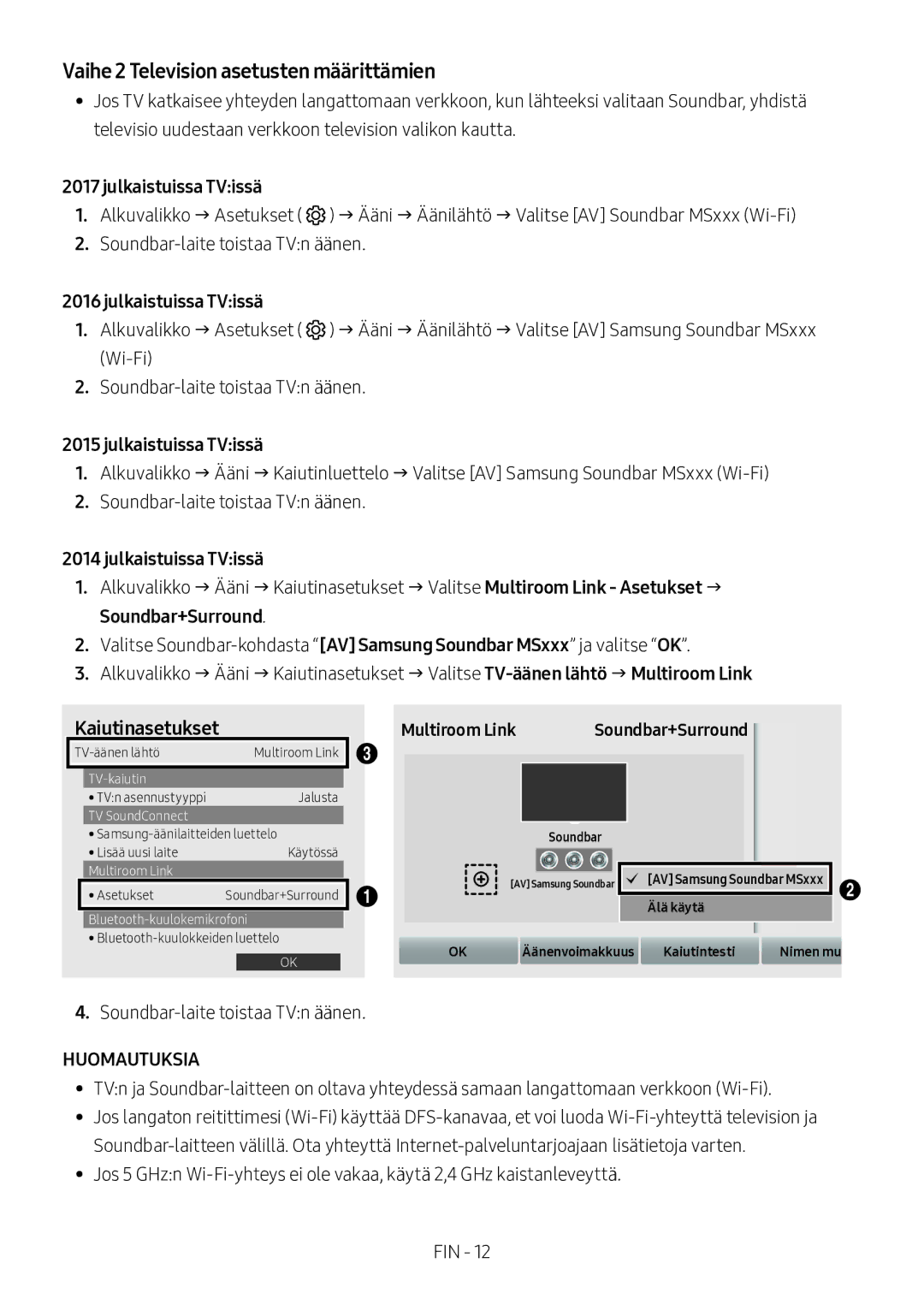 Samsung HW-MS560/XE manual Vaihe 2 Television asetusten määrittämien, Julkaistuissa TVissä, Kaiutinasetukset Multiroom Link 