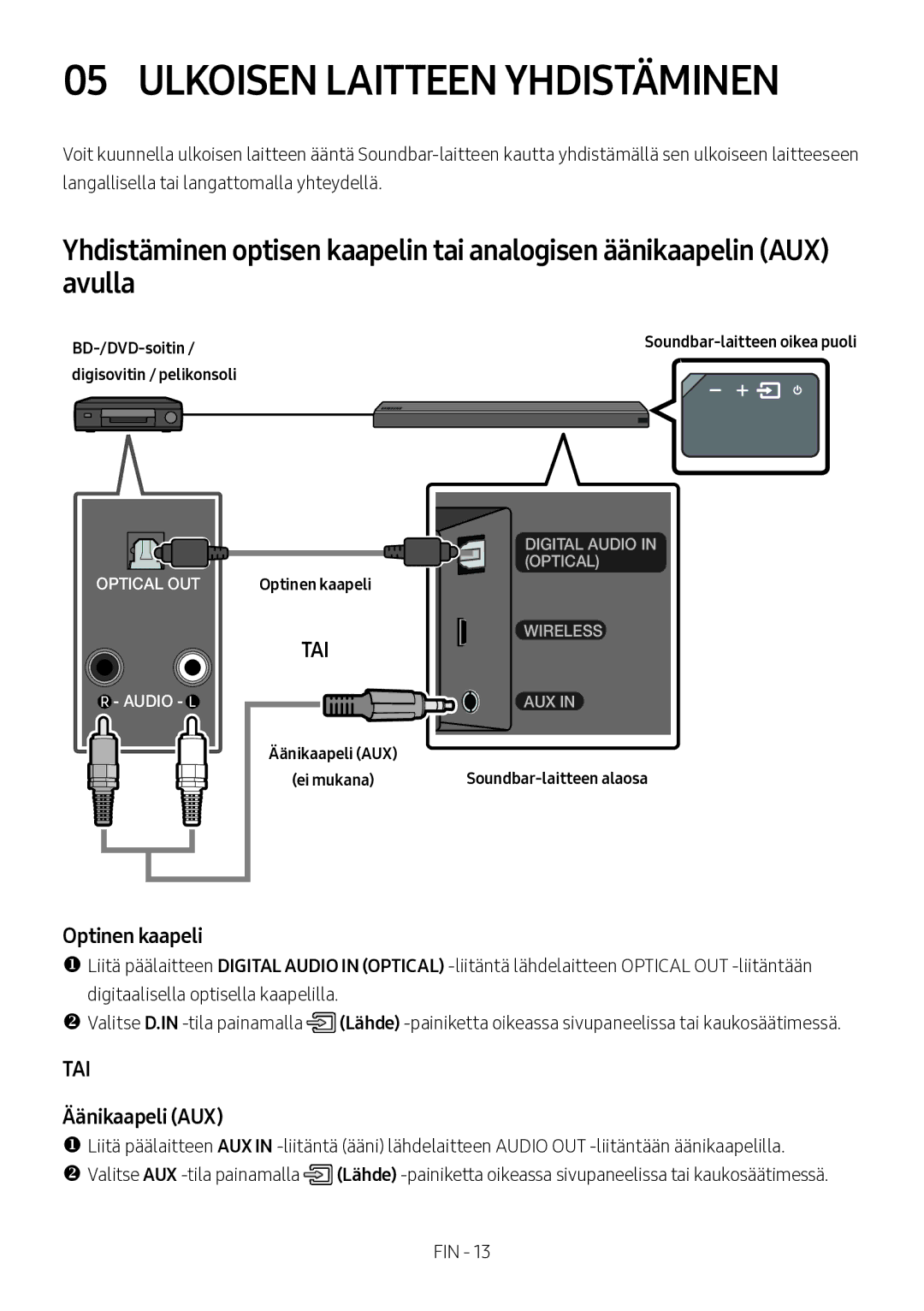 Samsung HW-MS560/XE manual Ulkoisen Laitteen Yhdistäminen, Optinen kaapeli, Äänikaapeli AUX, BD-/DVD-soitin 