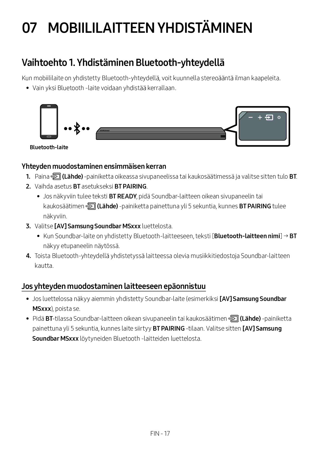 Samsung HW-MS560/XE manual Mobiililaitteen Yhdistäminen, Vaihtoehto 1. Yhdistäminen Bluetooth-yhteydellä, Bluetooth-laite 