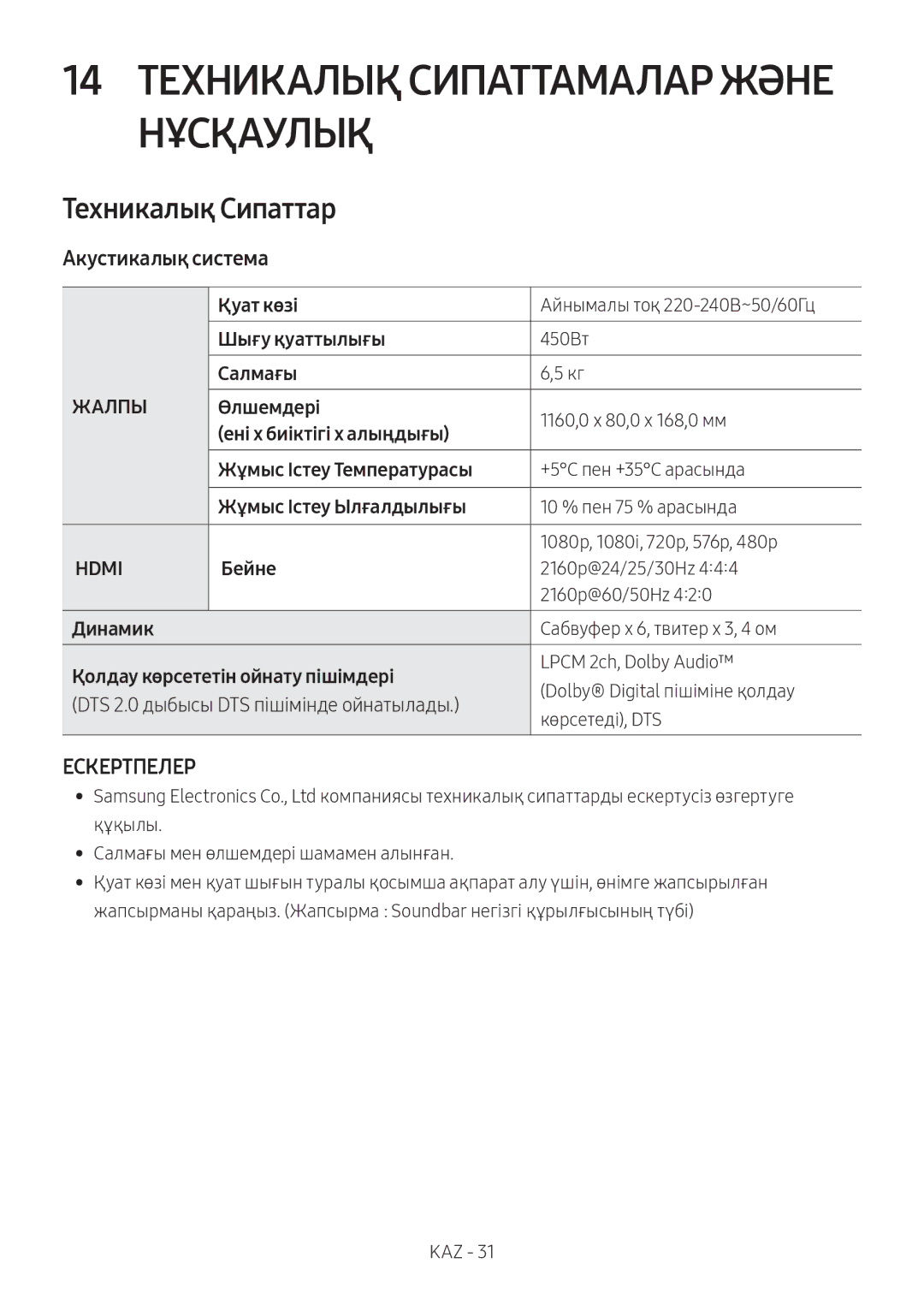 Samsung HW-MS6501/RU, HW-MS6500/RU 14 Техникалық Сипаттамалар Және Нұсқаулық, Техникалық Сипаттар, Aкустикалық система 