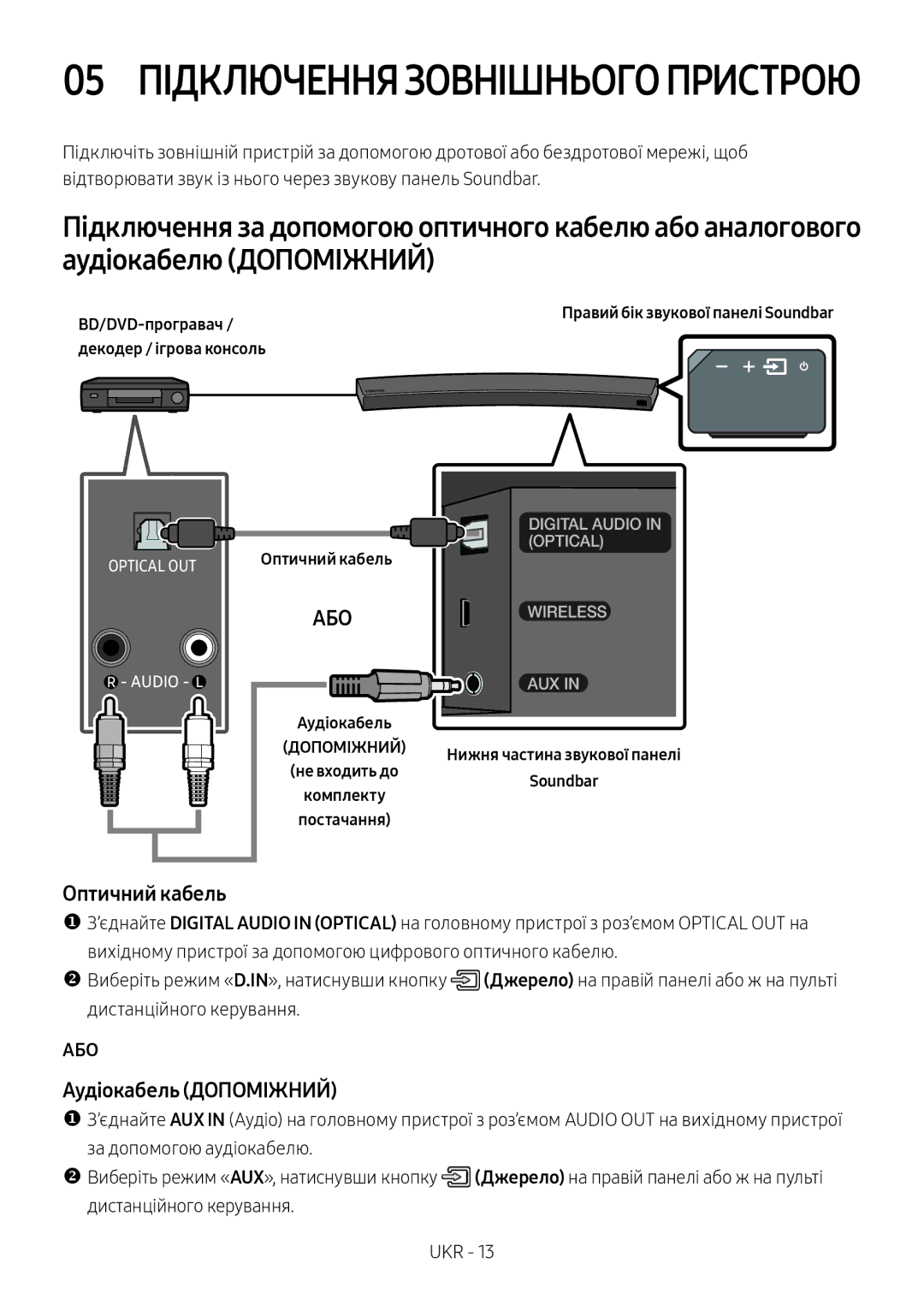 Samsung HW-MS6500/RU, HW-MS6501/RU manual Оптичний кабель, Аудіокабель Допоміжний, Або 